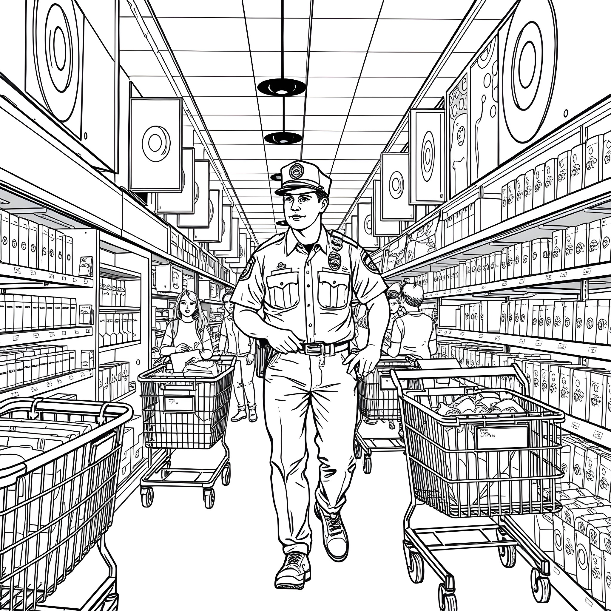 Police Officer Patrolling the Grocery Store Aisles Coloring Page (free black-and-white line drawing printable PDF for all, from beginners to advanced learners, including children, teens, adults, and seniors)