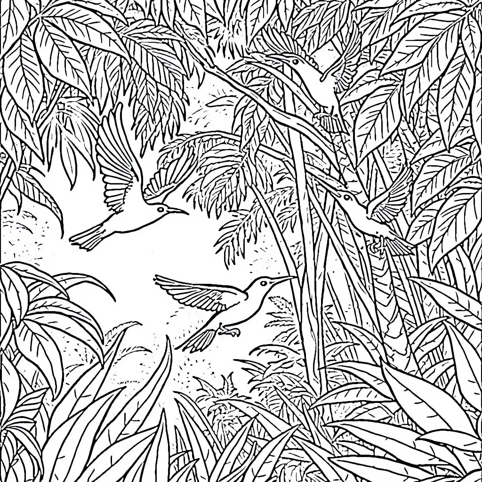 'I'iwi Birds Soaring Through Lush Tropical Foliage Coloring Page (free black-and-white line drawing printable PDF for all, from beginners to advanced learners, including children, teens, adults, and seniors)