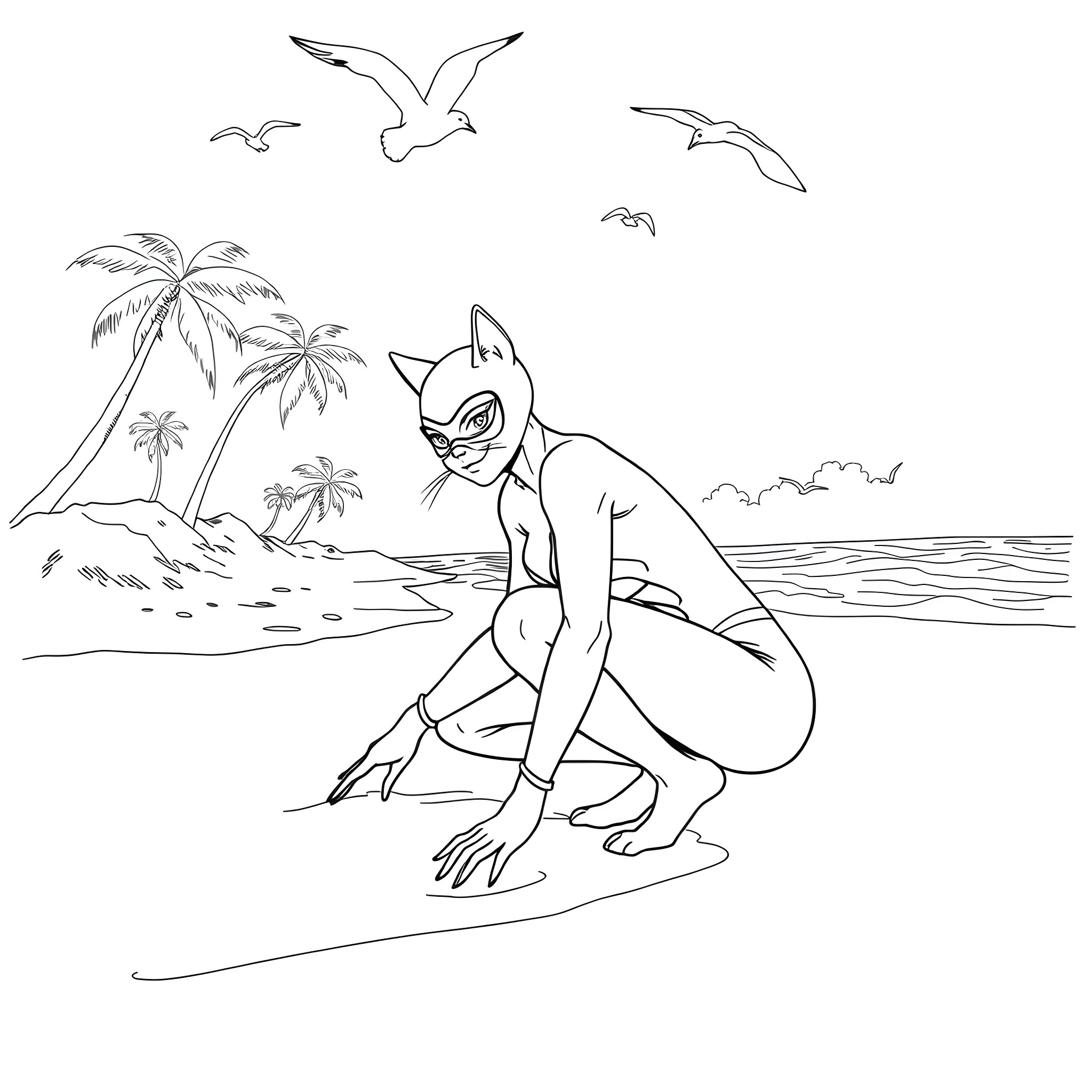 Cat Woman surfs the waves at the beach Coloring Page (free black-and-white line drawing printable PDF for all, from beginners to advanced learners, including children, teens, adults, and seniors)