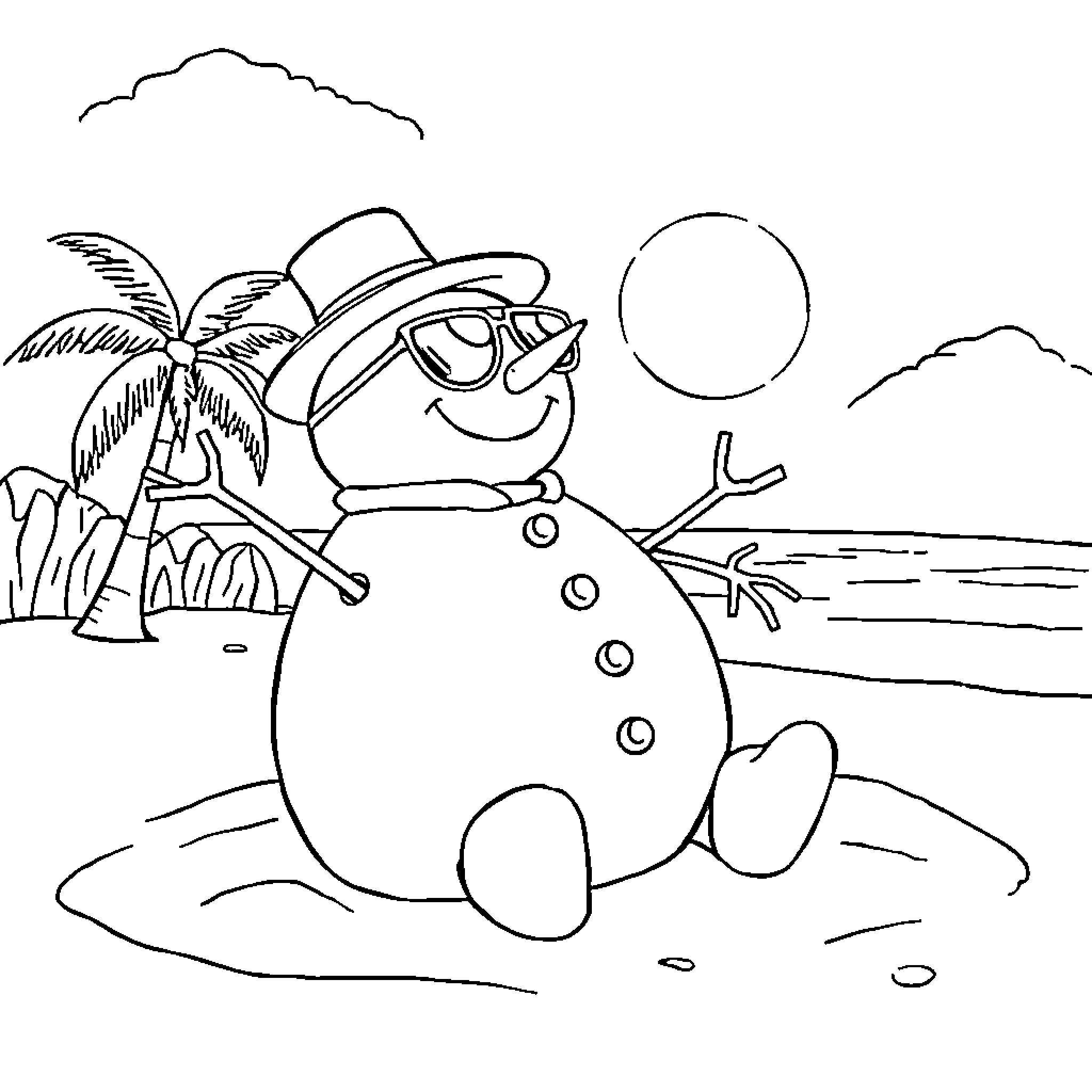 Snowman relaxing on a tropical beach Coloring Page (free black-and-white line drawing printable PDF for all, from beginners to advanced learners, including children, teens, adults, and seniors)