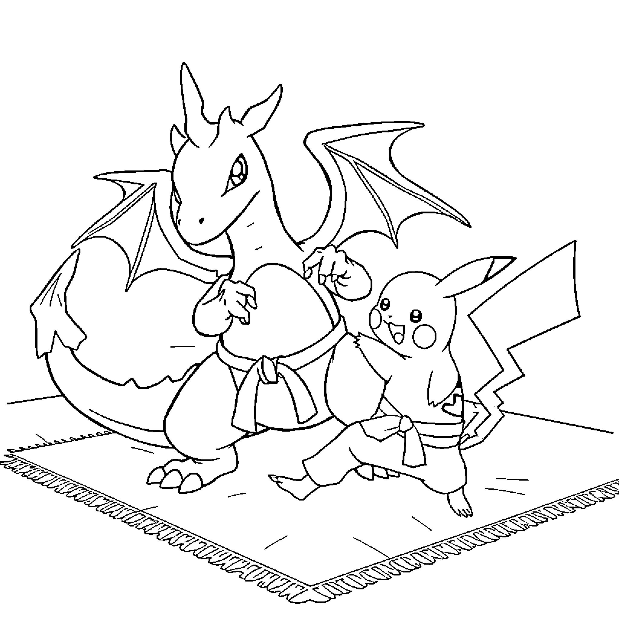 Charizard and Pikachu Playing Together Coloring Page (free black-and-white line drawing printable PDF for all, from beginners to advanced learners, including children, teens, adults, and seniors)