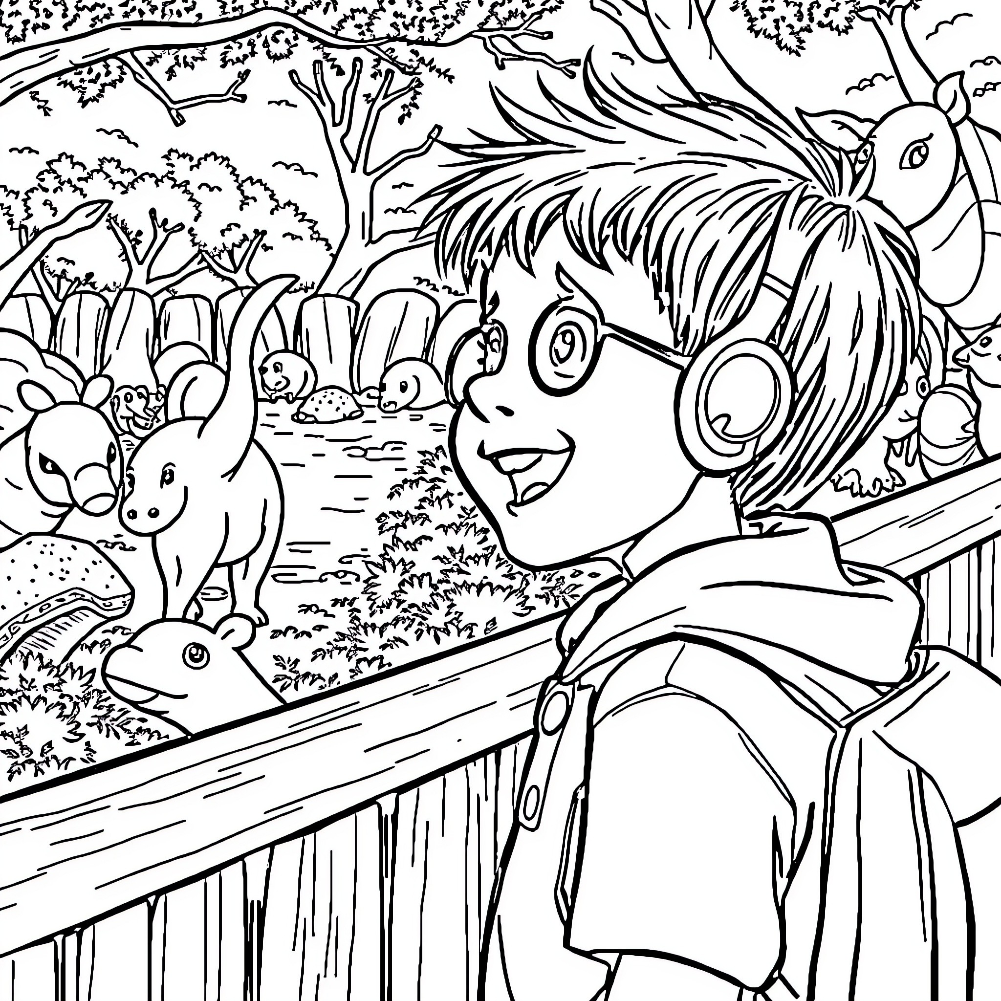 Kid exploring the lively forest with animals Coloring Page (free black-and-white line drawing printable PDF for all, from beginners to advanced learners, including children, teens, adults, and seniors)