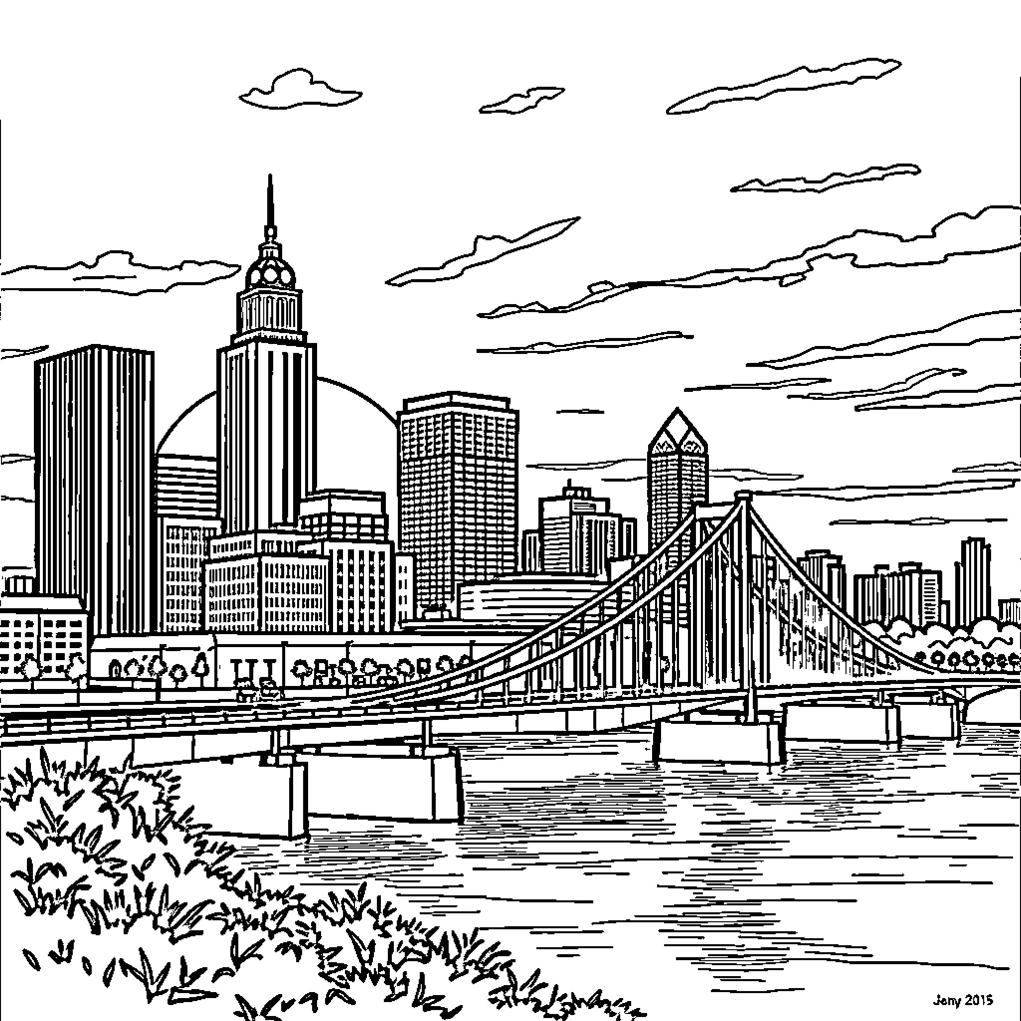 Memphis Skyline with Bridge and Buildings Coloring Page (free black-and-white line drawing printable PDF for all, from beginners to advanced learners, including children, teens, adults, and seniors)