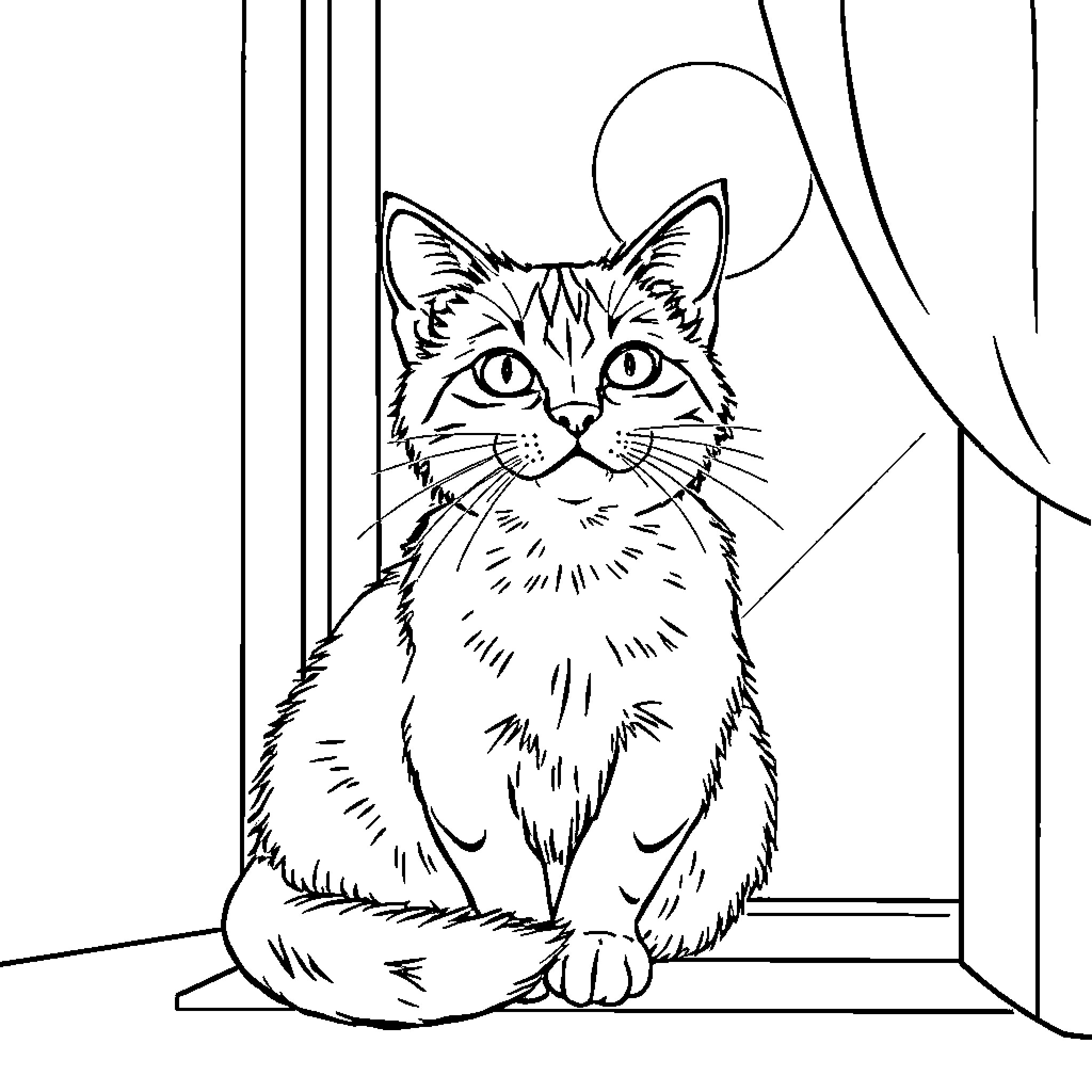 Cat observing through window Coloring Page (free black-and-white line drawing printable PDF for all, from beginners to advanced learners, including children, teens, adults, and seniors)