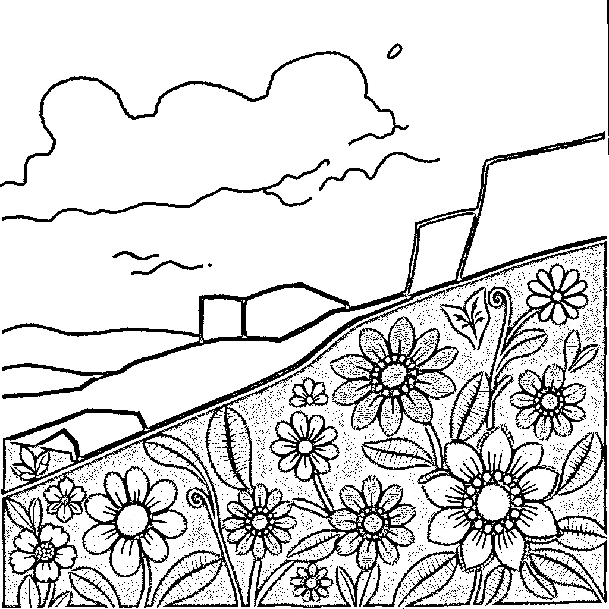Tatreez Floral Landscape Scene Coloring Page (free black-and-white line drawing printable PDF for all, from beginners to advanced learners, including children, teens, adults, and seniors)