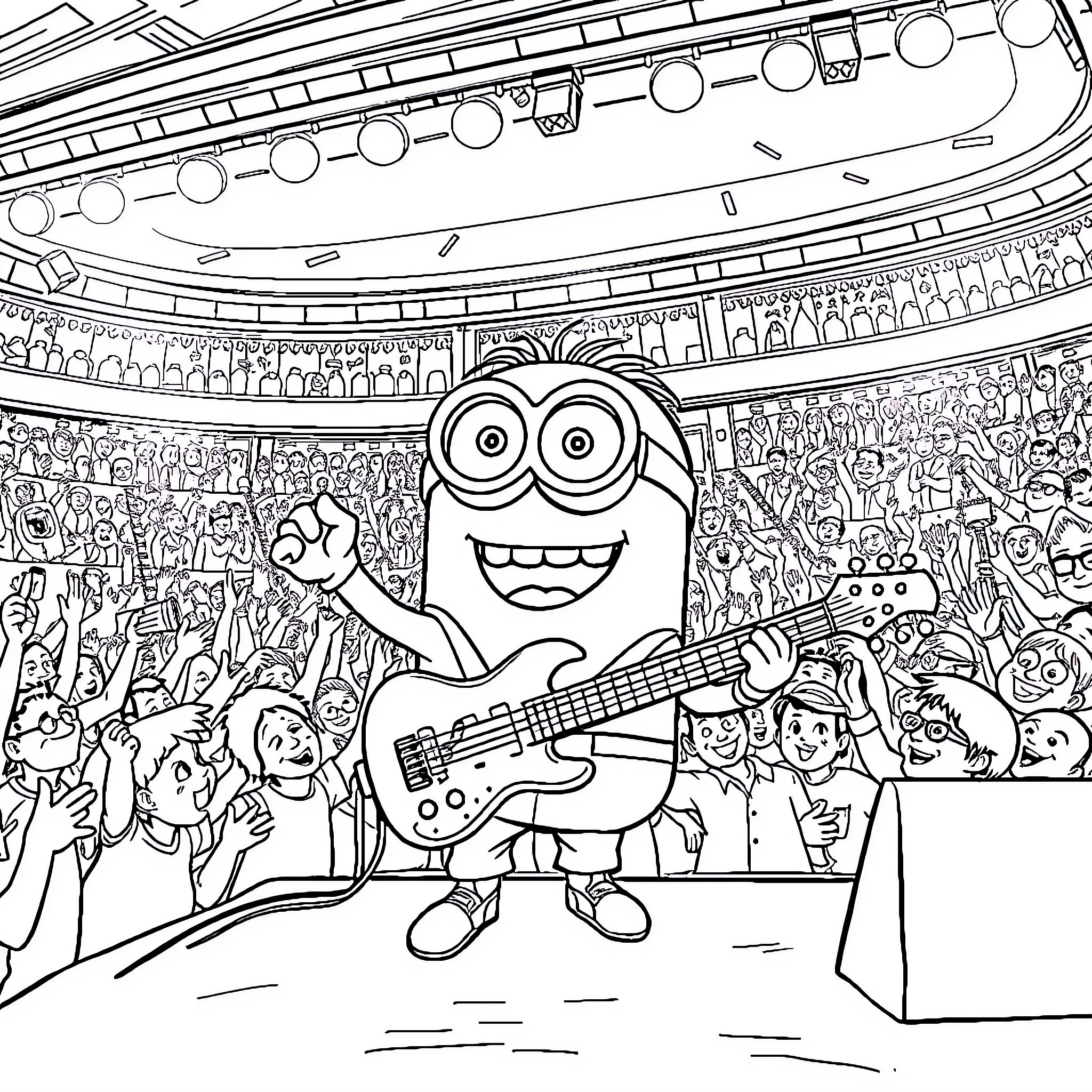 Minion Rocking Out on Stage with Adoring Crowd Coloring Page (free black-and-white line drawing printable PDF for all, from beginners to advanced learners, including children, teens, adults, and seniors)