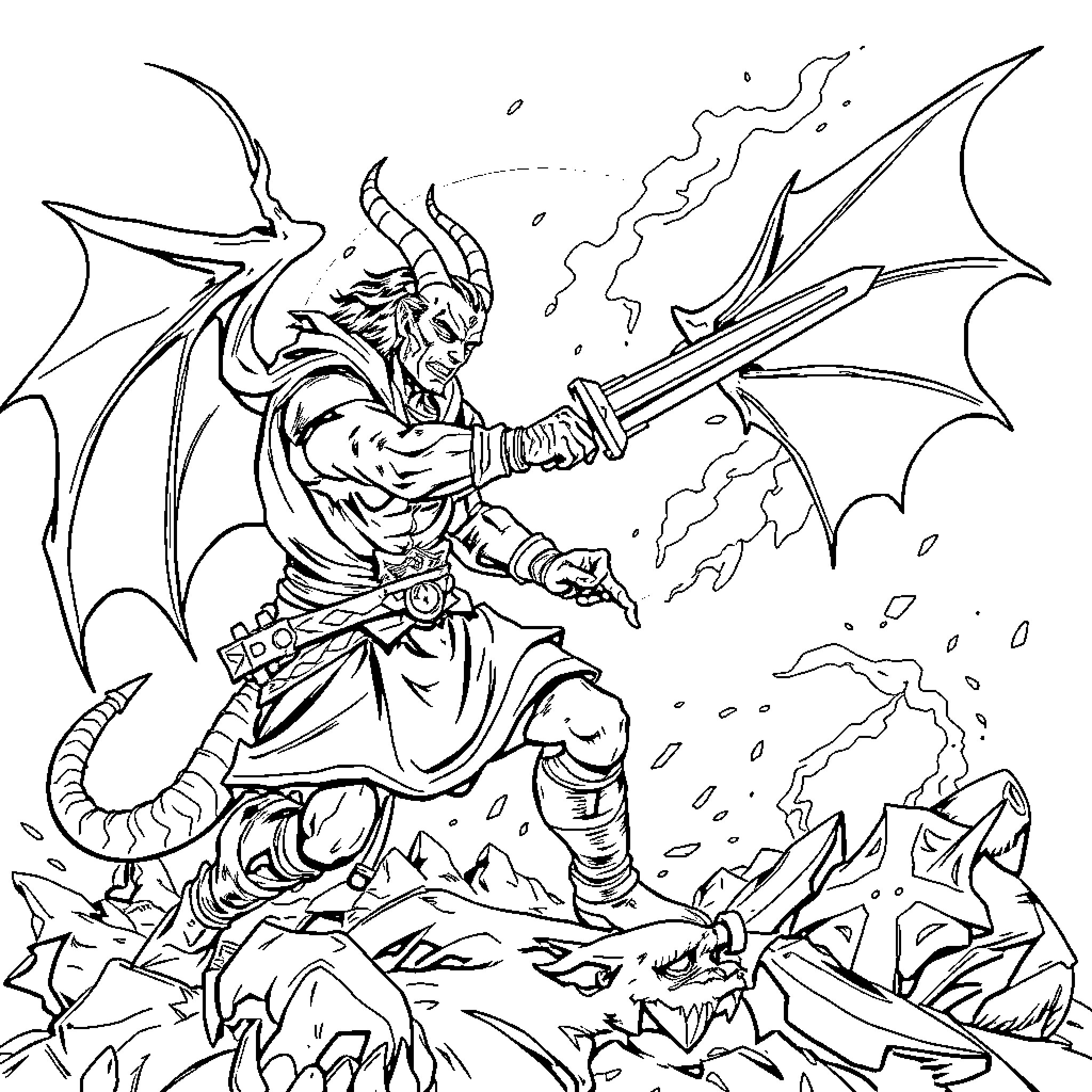 Demon Slayer warrior fighting with demonic powers Coloring Page (free black-and-white line drawing printable PDF for all, from beginners to advanced learners, including children, teens, adults, and seniors)