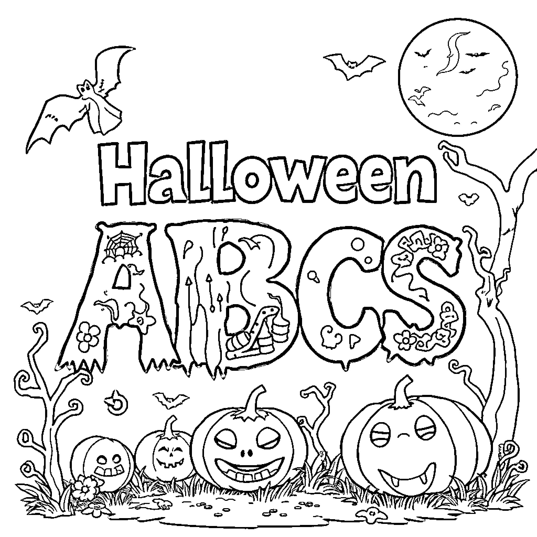 Halloween Fun with Festive Decorations and Characters Coloring Page (free black-and-white line drawing printable PDF for all, from beginners to advanced learners, including children, teens, adults, and seniors)