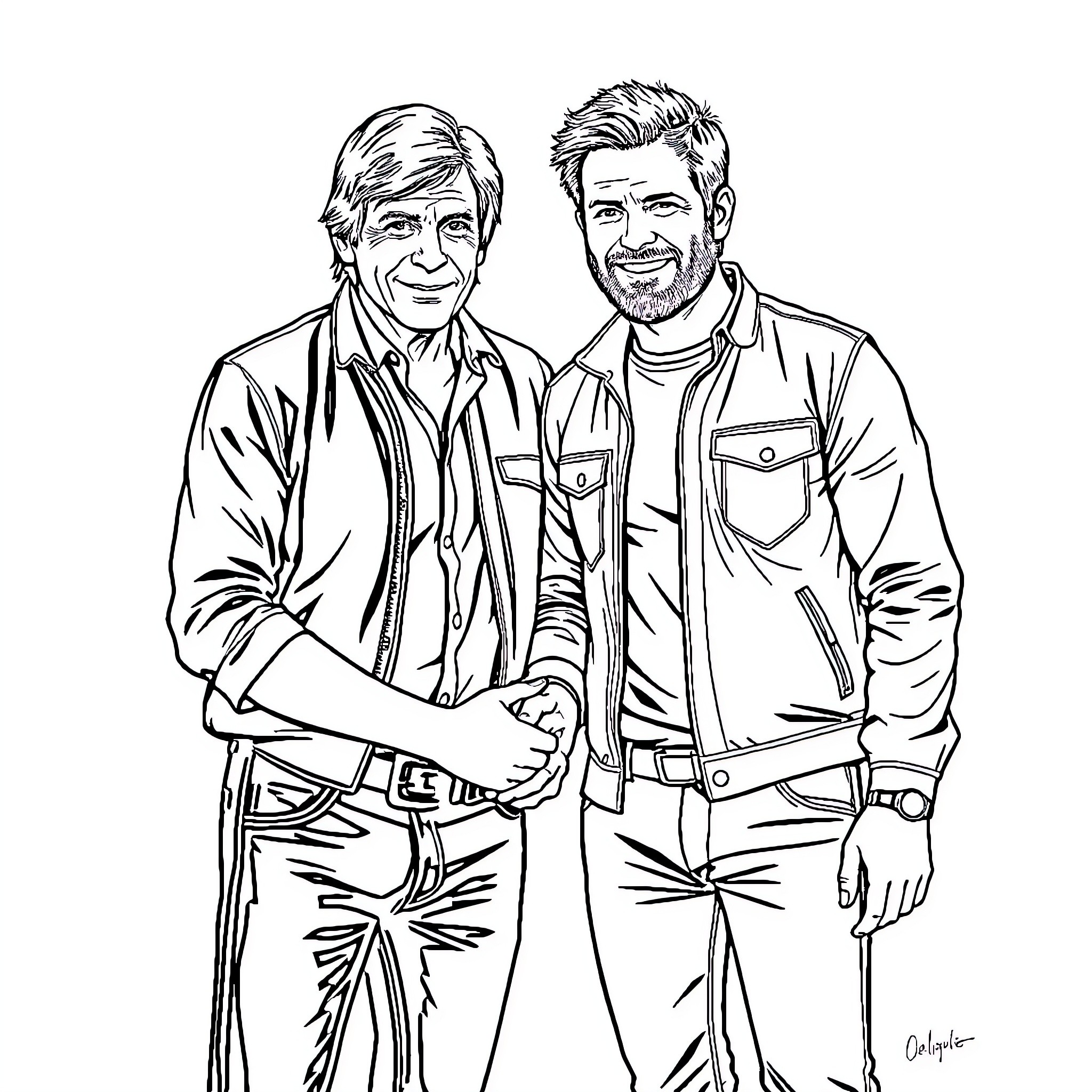 Harrison Ford and Brad Pitt in a warm embrace Coloring Page (free black-and-white line drawing printable PDF for all, from beginners to advanced learners, including children, teens, adults, and seniors)
