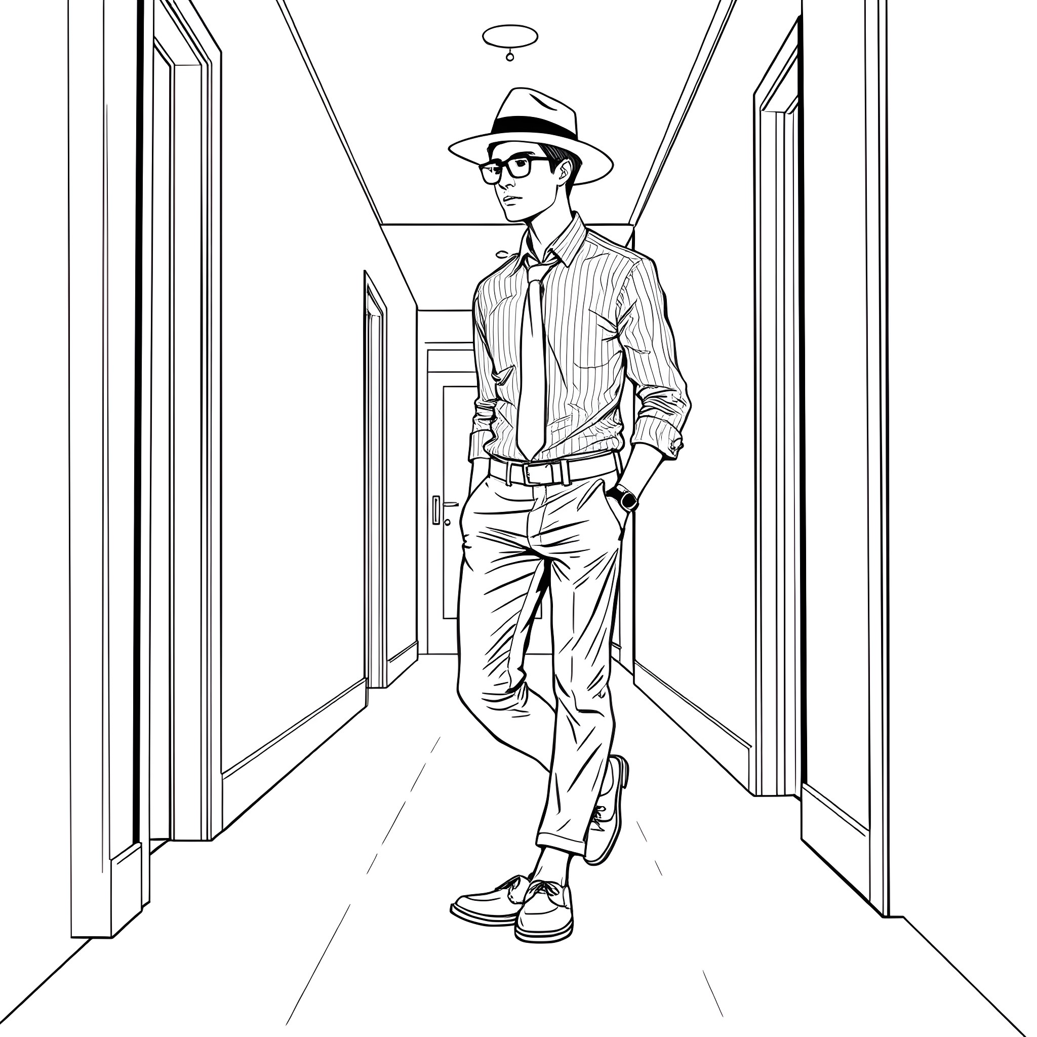 Teen Guy Walking Down a Hallway Coloring Page (free black-and-white line drawing printable PDF for all, from beginners to advanced learners, including children, teens, adults, and seniors)