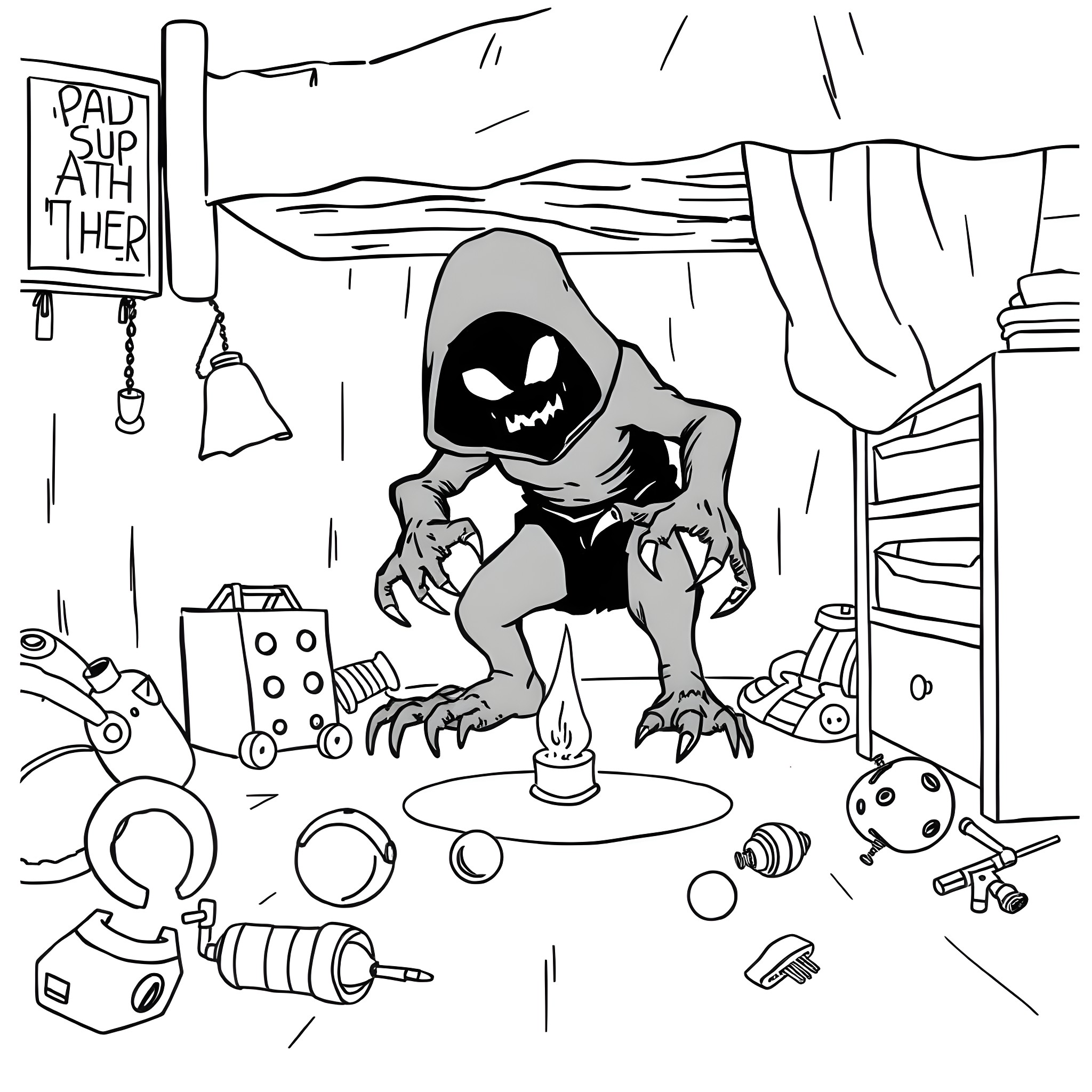 Monster threatening with a mysterious weapon in an ominous setting Coloring Page (free black-and-white line drawing printable PDF for all, from beginners to advanced learners, including children, teens, adults, and seniors)