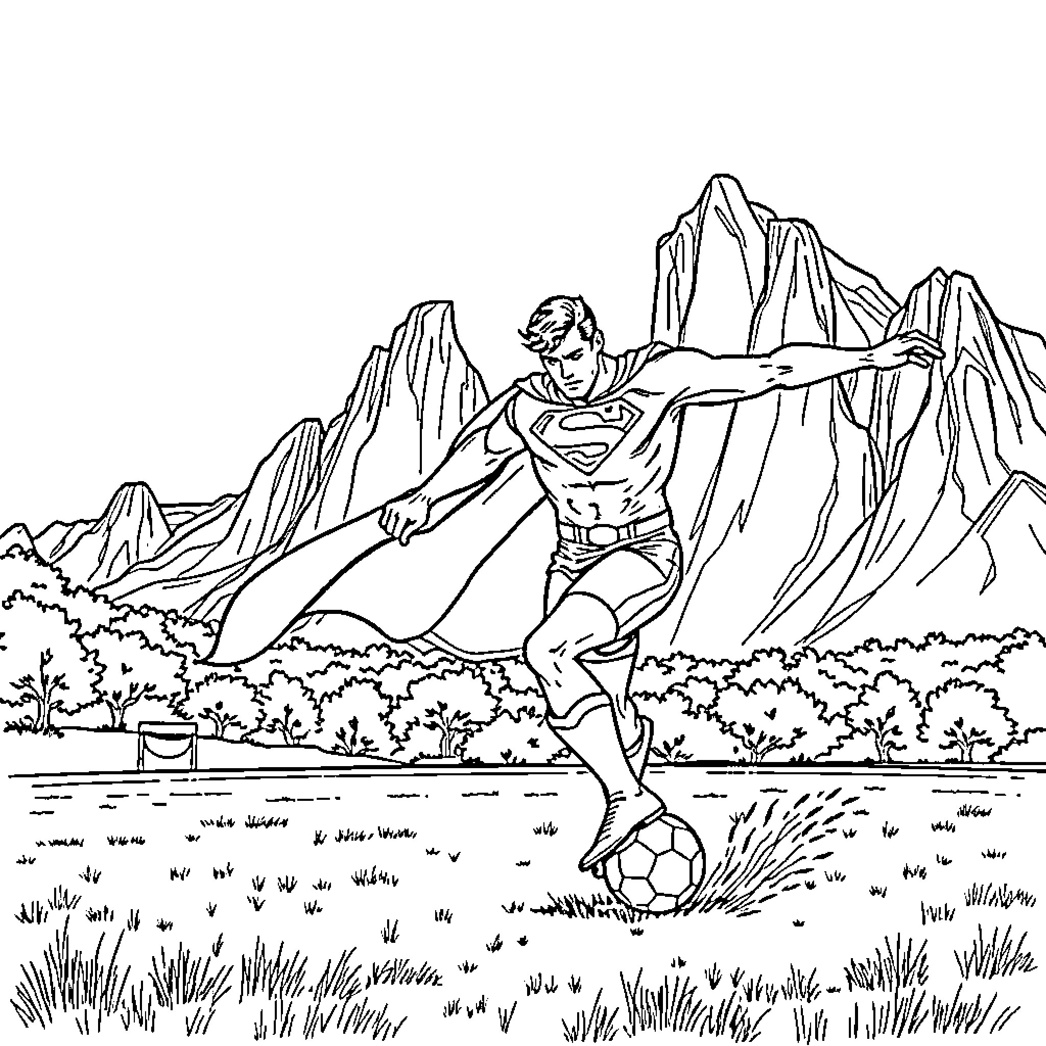 Superman playing football in the mountains Coloring Page (free black-and-white line drawing printable PDF for all, from beginners to advanced learners, including children, teens, adults, and seniors)