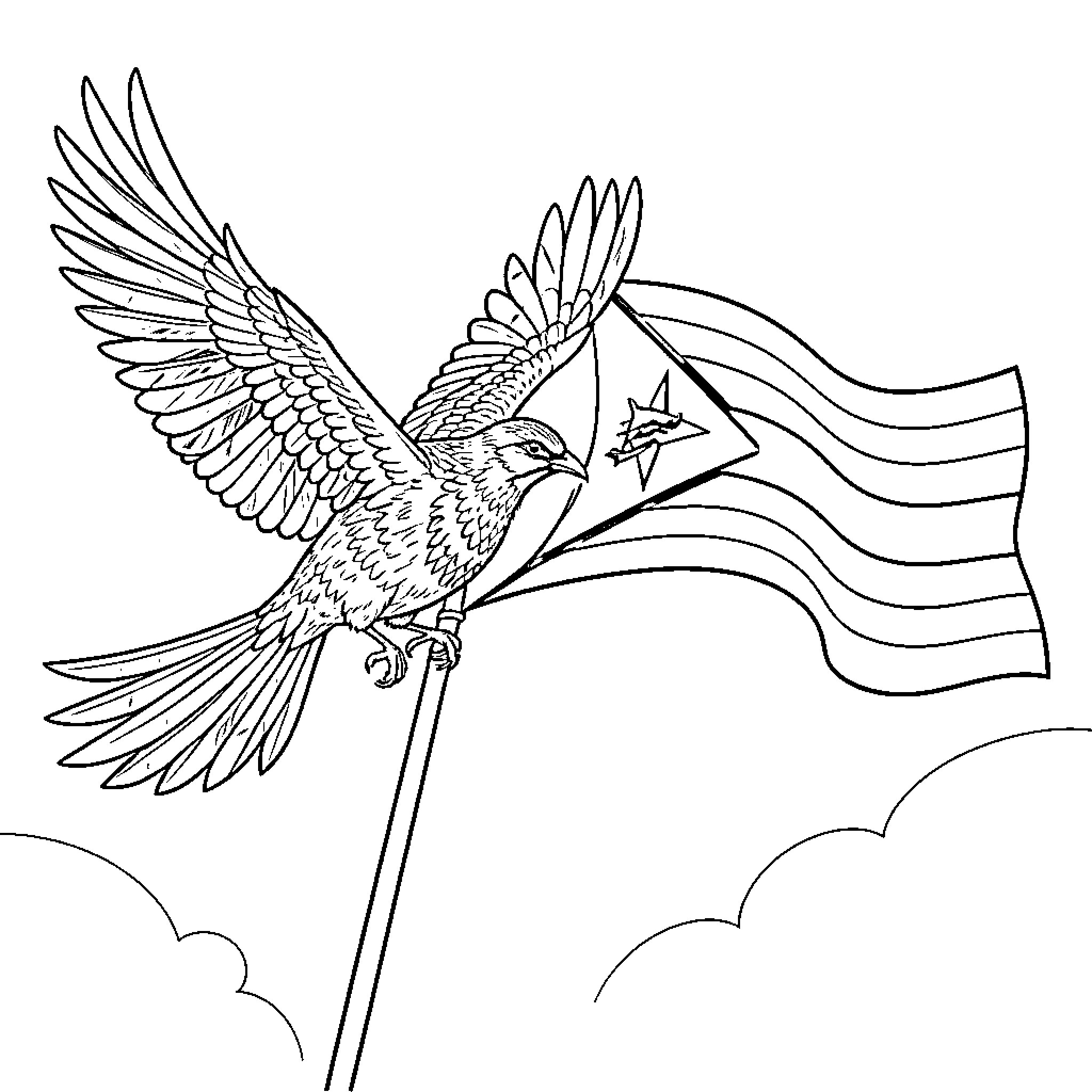 Bird carrying American flag in the sky Coloring Page (free black-and-white line drawing printable PDF for all, from beginners to advanced learners, including children, teens, adults, and seniors)