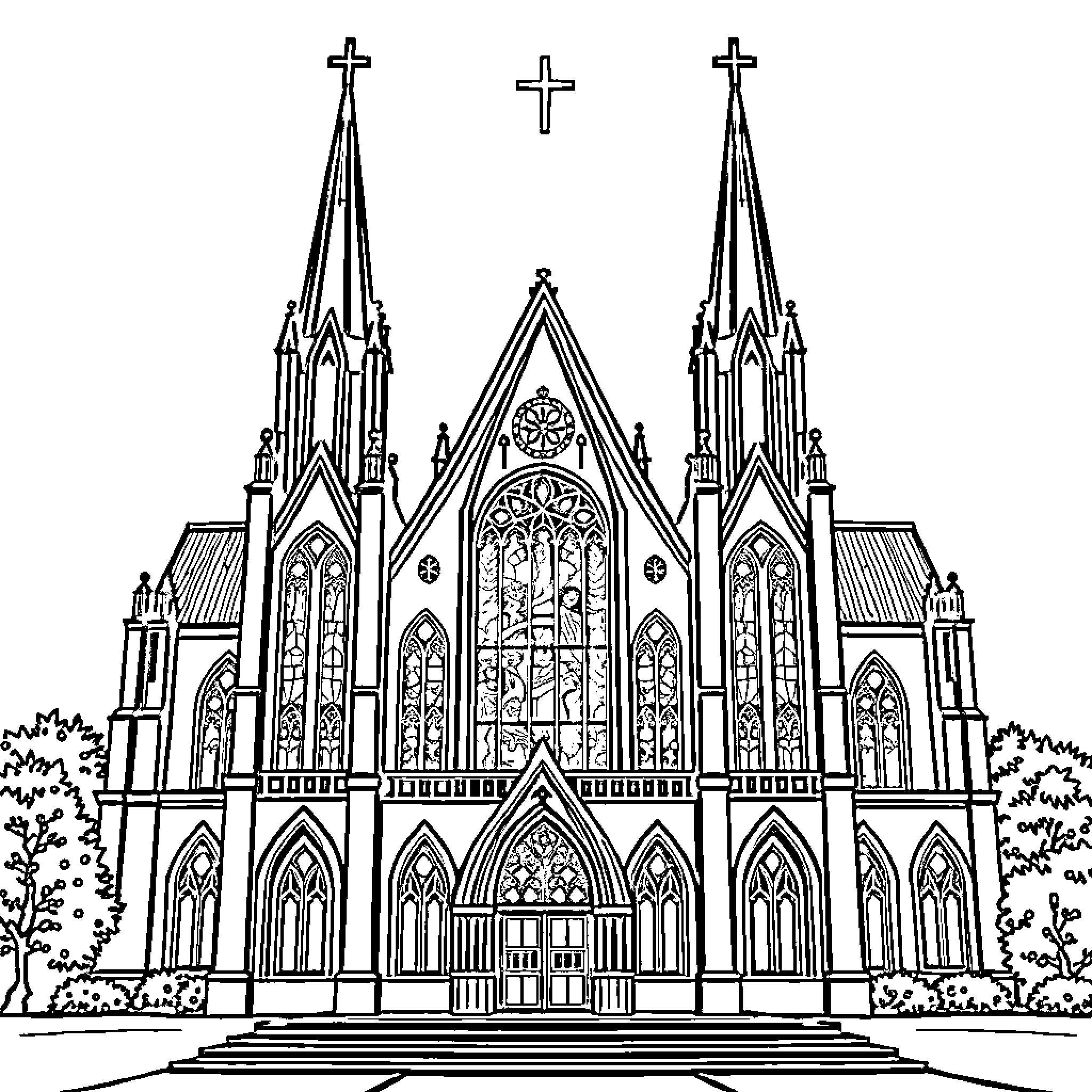 Church with Gothic architectural features and ornate details Coloring Page (free black-and-white line drawing printable PDF for all, from beginners to advanced learners, including children, teens, adults, and seniors)