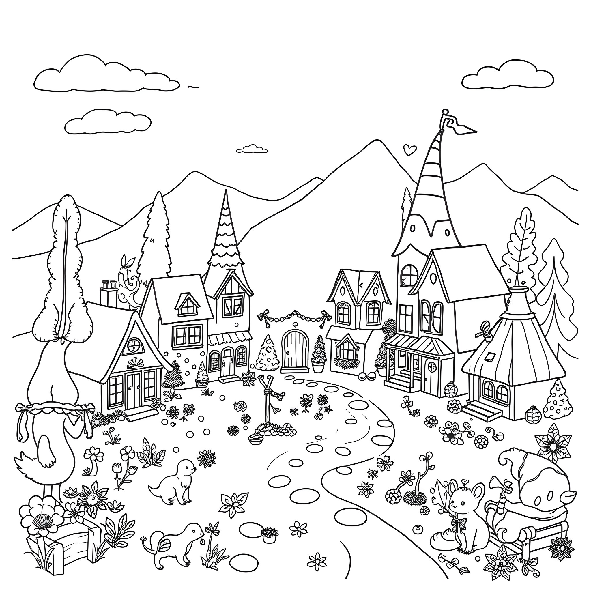 Gnome village with whimsical houses and woodland creatures Coloring Page (free black-and-white line drawing printable PDF for all, from beginners to advanced learners, including children, teens, adults, and seniors)