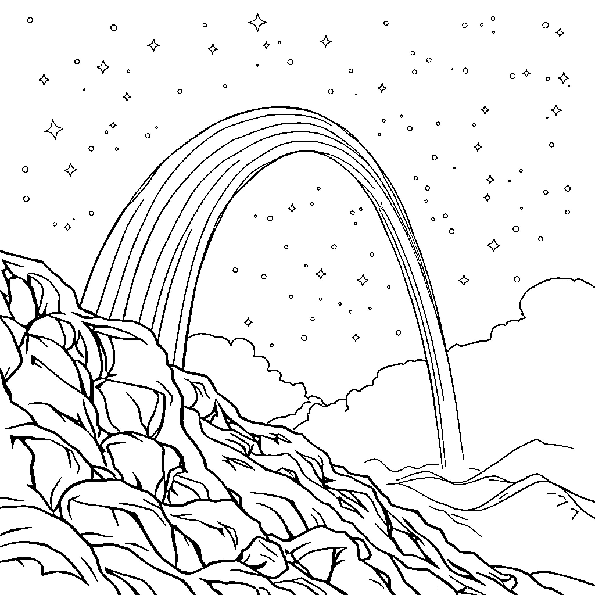 Mermaid swimming through a starry night landscape Coloring Page (free black-and-white line drawing printable PDF for all, from beginners to advanced learners, including children, teens, adults, and seniors)