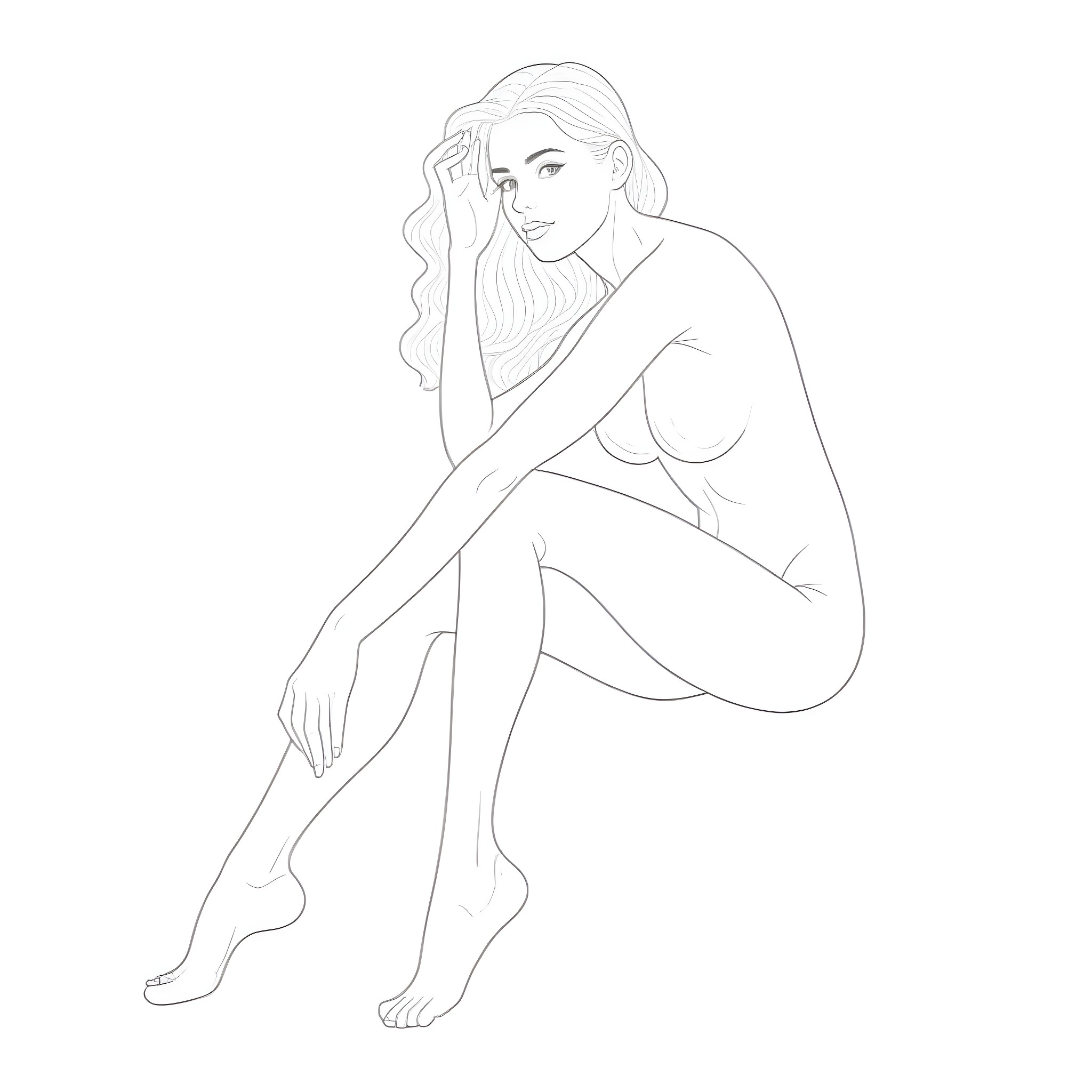Woman sitting pensively in contemplation Coloring Page (free black-and-white line drawing printable PDF for all, from beginners to advanced learners, including children, teens, adults, and seniors)
