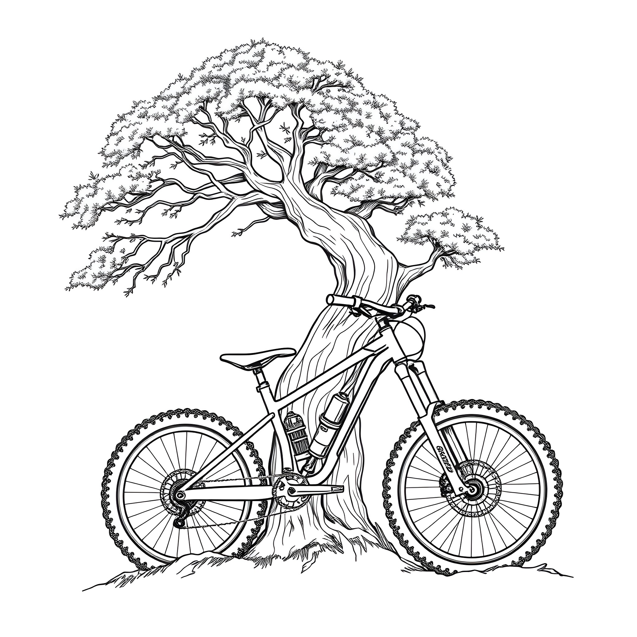 Tattoo of mountain bike against a twisted tree Coloring Page (free black-and-white line drawing printable PDF for all, from beginners to advanced learners, including children, teens, adults, and seniors)