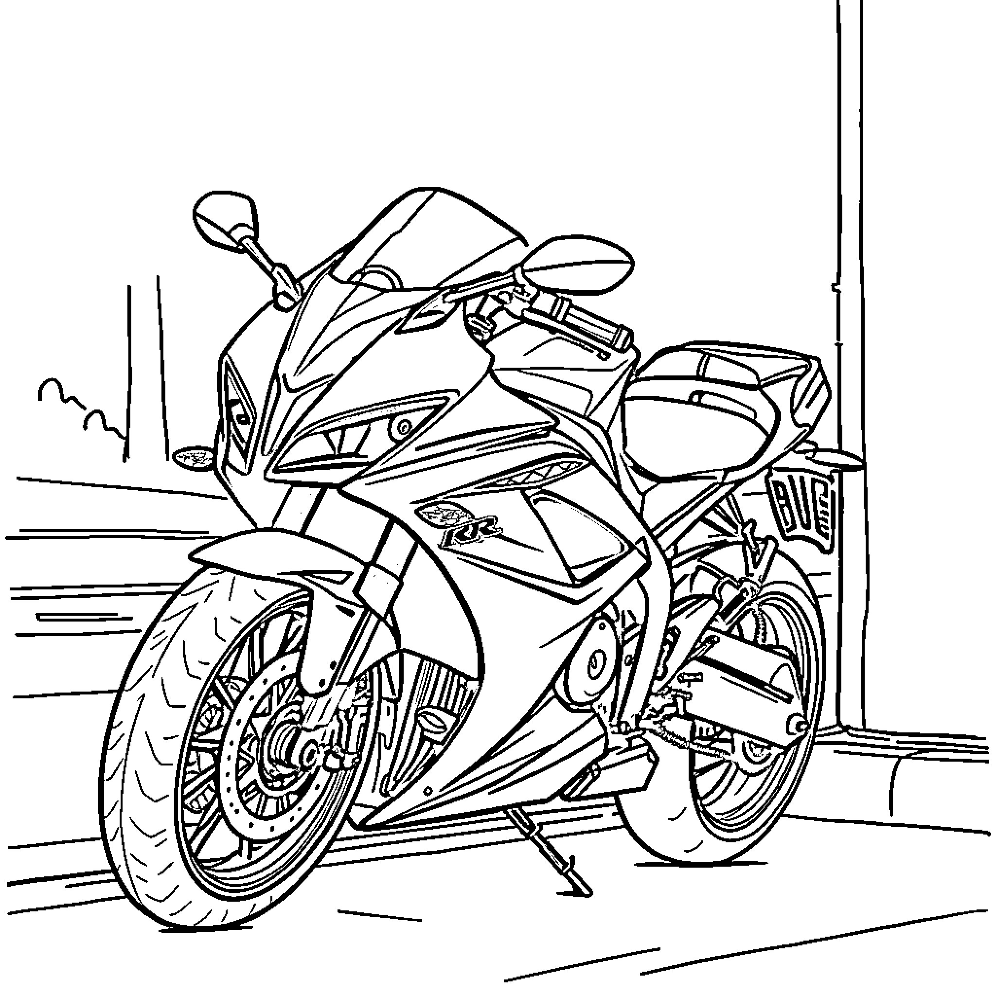 CBR600RR sports motorcycle in motion Coloring Page (free black-and-white line drawing printable PDF for all, from beginners to advanced learners, including children, teens, adults, and seniors)