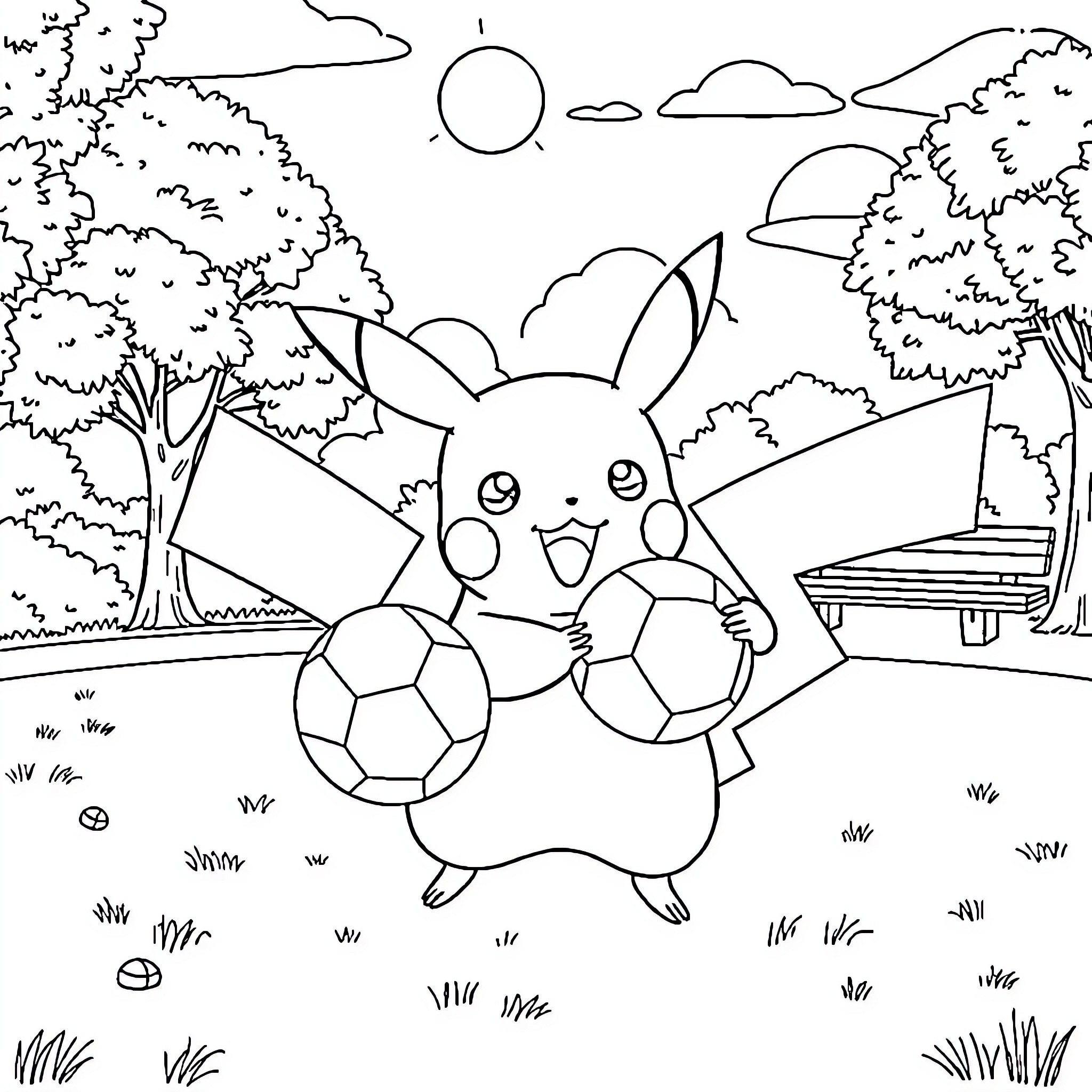 Pikachu playing with a soccer ball in the park Coloring Page (free black-and-white line drawing printable PDF for all, from beginners to advanced learners, including children, teens, adults, and seniors)