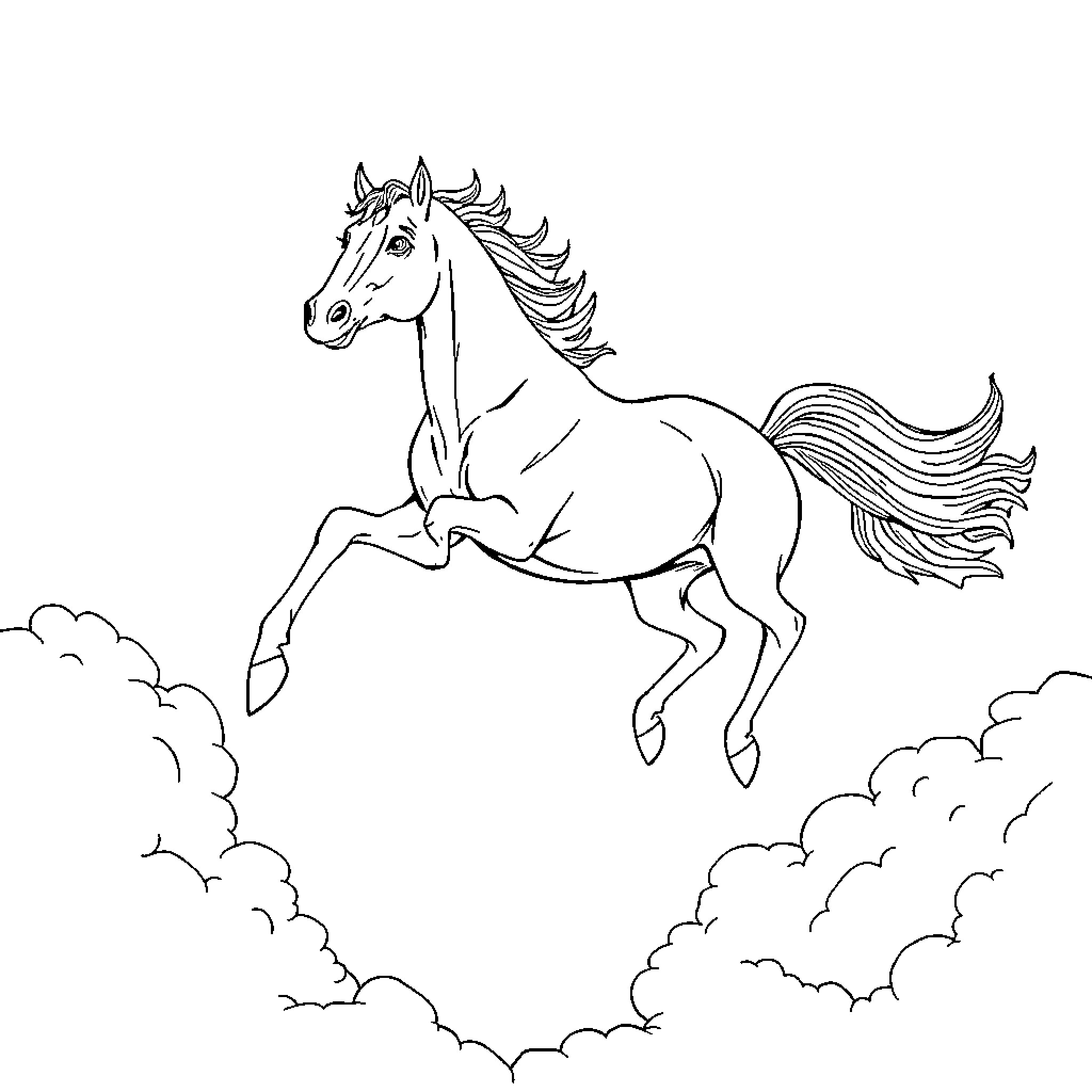 Flying Horse Soaring Through the Clouds Coloring Page (free black-and-white line drawing printable PDF for all, from beginners to advanced learners, including children, teens, adults, and seniors)