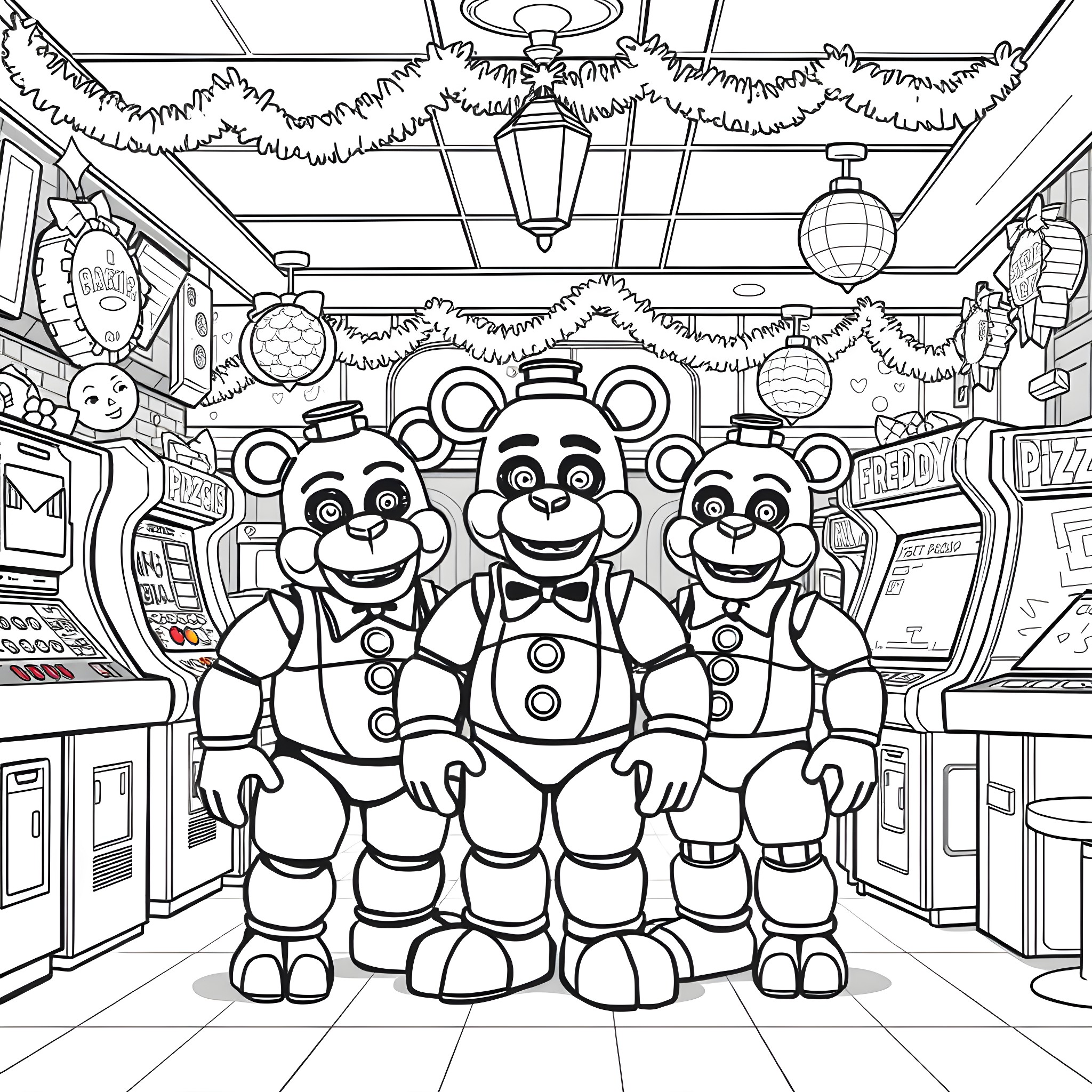 Freddy and Friends' Festive Arcade Adventure Coloring Page (free black-and-white line drawing printable PDF for all, from beginners to advanced learners, including children, teens, adults, and seniors)