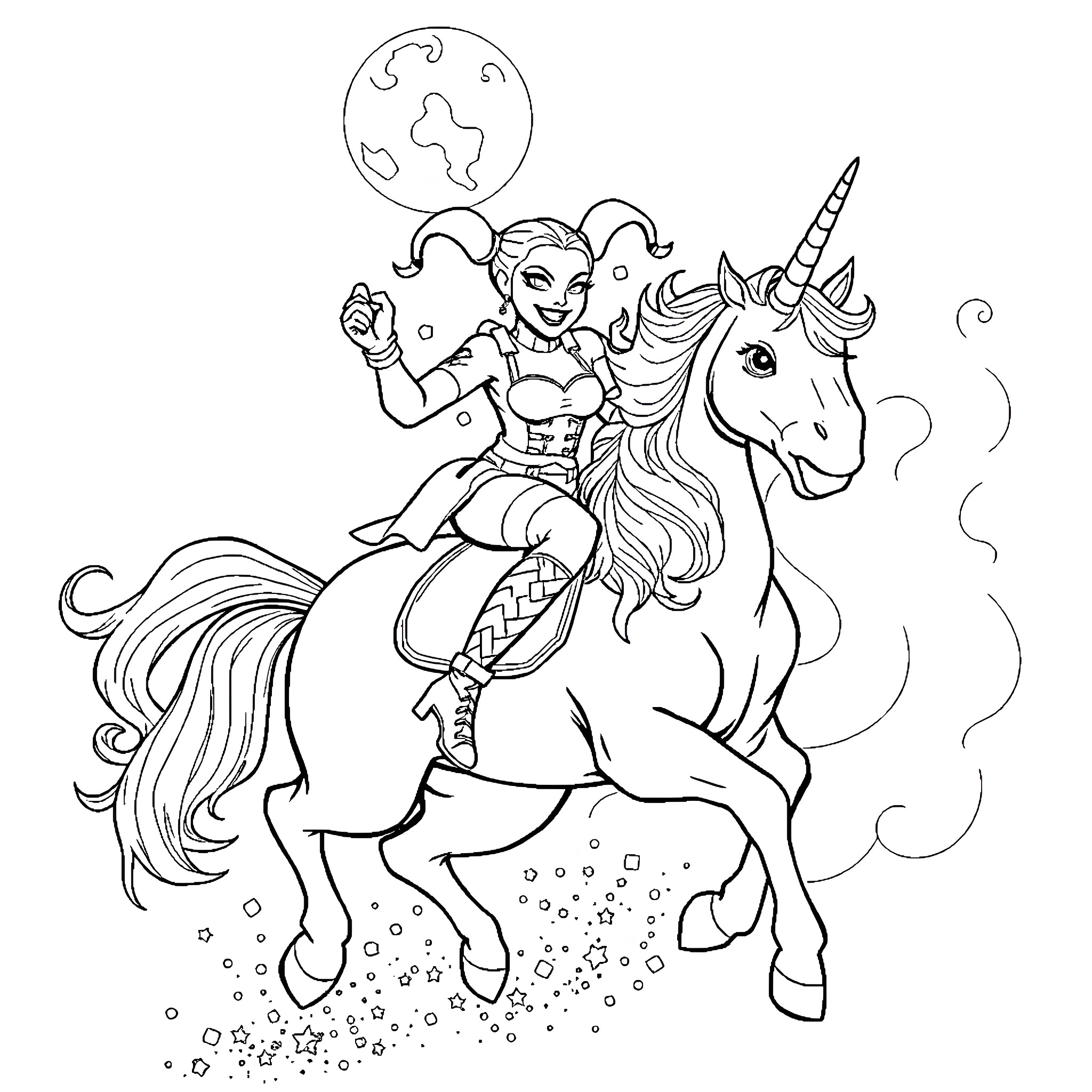 Harley Quinn riding a unicorn in a fantastical setting Coloring Page (free black-and-white line drawing printable PDF for all, from beginners to advanced learners, including children, teens, adults, and seniors)
