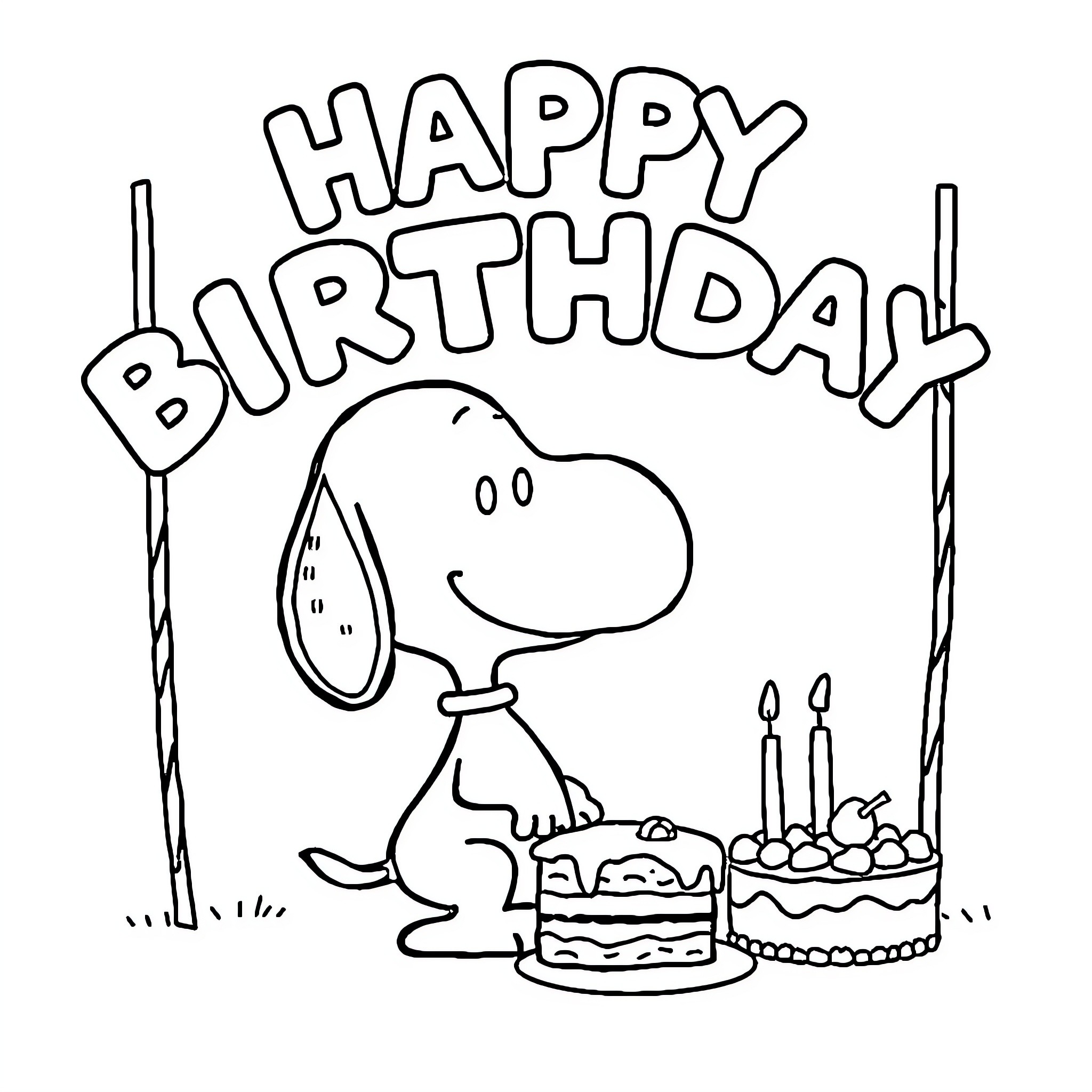 Snoopy celebrating a happy birthday Coloring Page (free black-and-white line drawing printable PDF for all, from beginners to advanced learners, including children, teens, adults, and seniors)