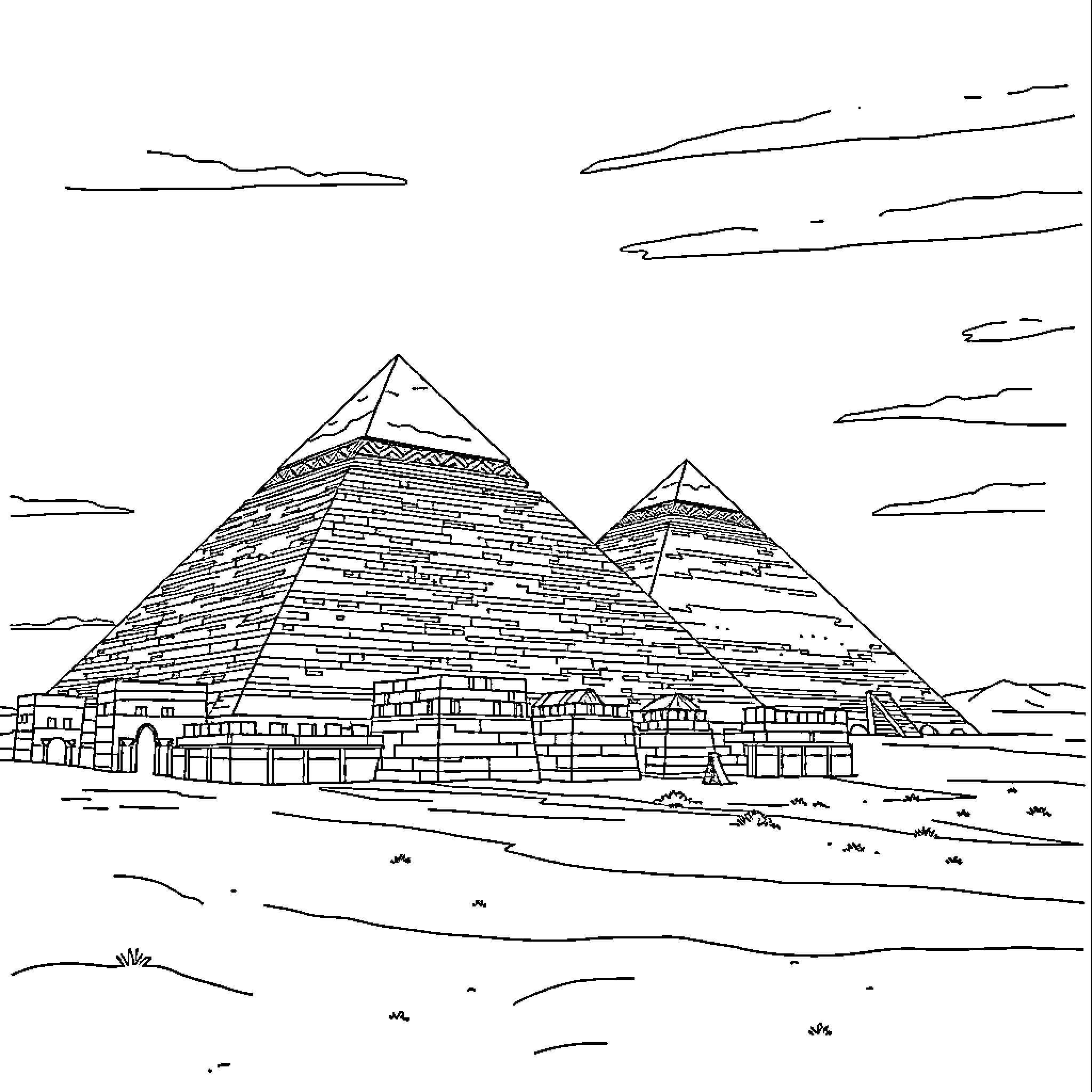 Pyramid structures in a desert landscape Coloring Page (free black-and-white line drawing printable PDF for all, from beginners to advanced learners, including children, teens, adults, and seniors)