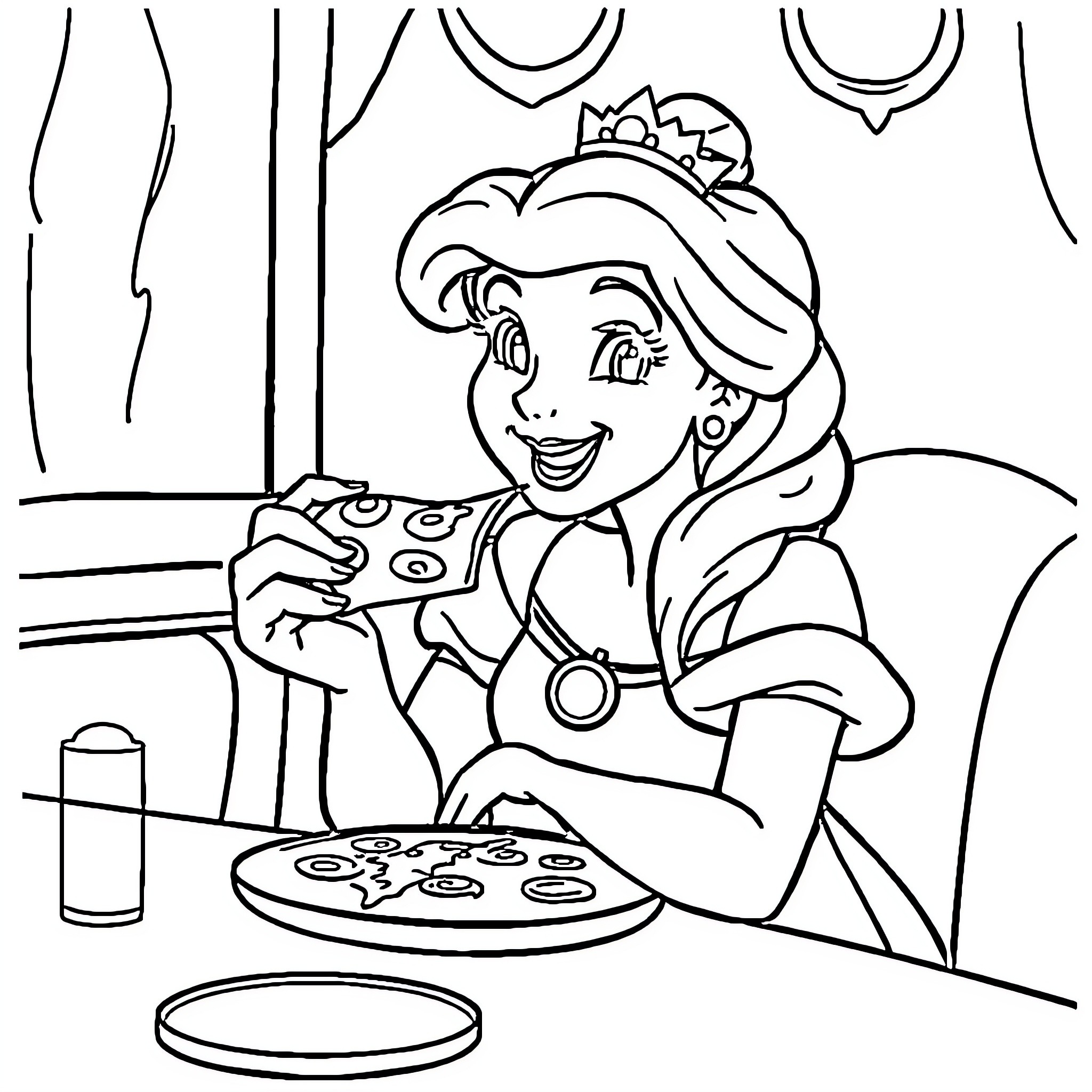 Princess baking a cake in the kitchen Coloring Page (free black-and-white line drawing printable PDF for all, from beginners to advanced learners, including children, teens, adults, and seniors)