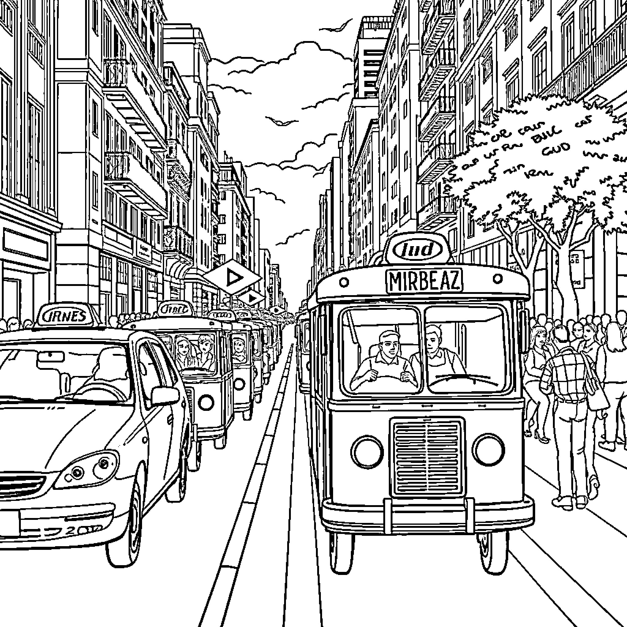 Bus traveling through a bustling city street Coloring Page (free black-and-white line drawing printable PDF for all, from beginners to advanced learners, including children, teens, adults, and seniors)