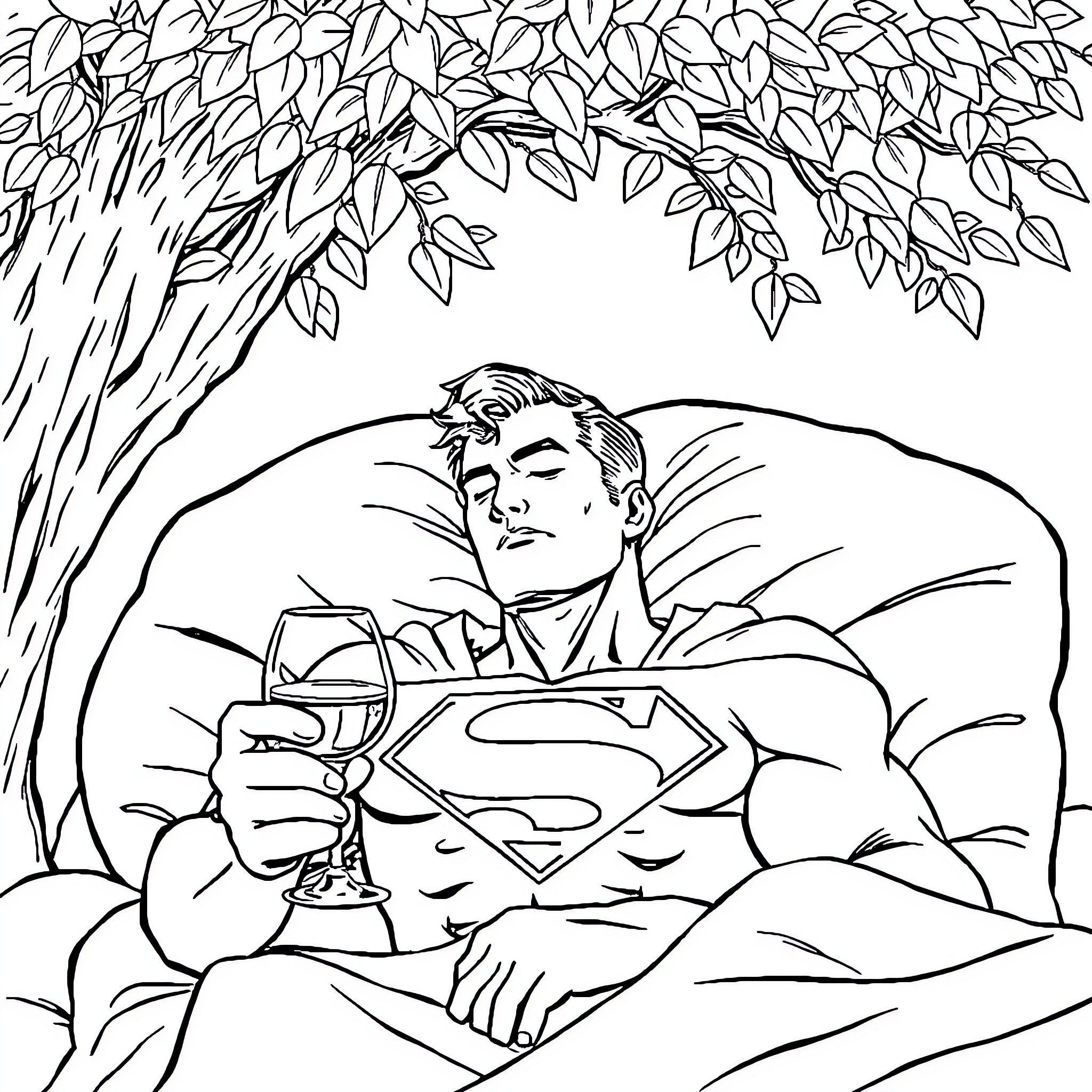Superman relaxes peacefully under a tree Coloring Page (free black-and-white line drawing printable PDF for all, from beginners to advanced learners, including children, teens, adults, and seniors)