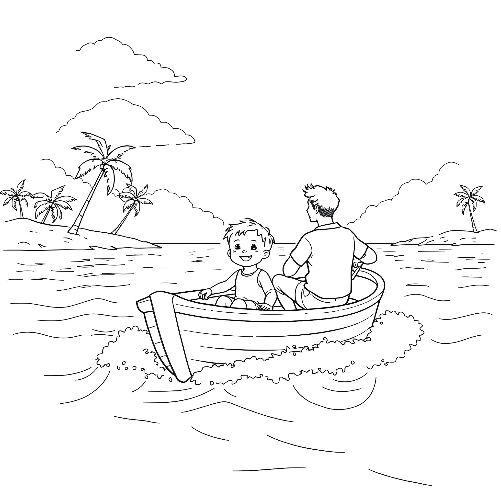 Child enjoying boat ride on serene beach Coloring Page (free black-and-white line drawing printable PDF for all, from beginners to advanced learners, including children, teens, adults, and seniors)