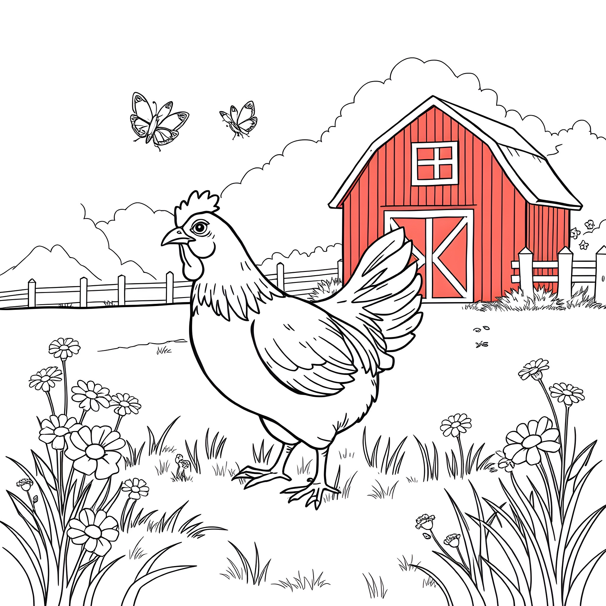 Chicken exploring the lively farmyard scene Coloring Page (free black-and-white line drawing printable PDF for all, from beginners to advanced learners, including children, teens, adults, and seniors)