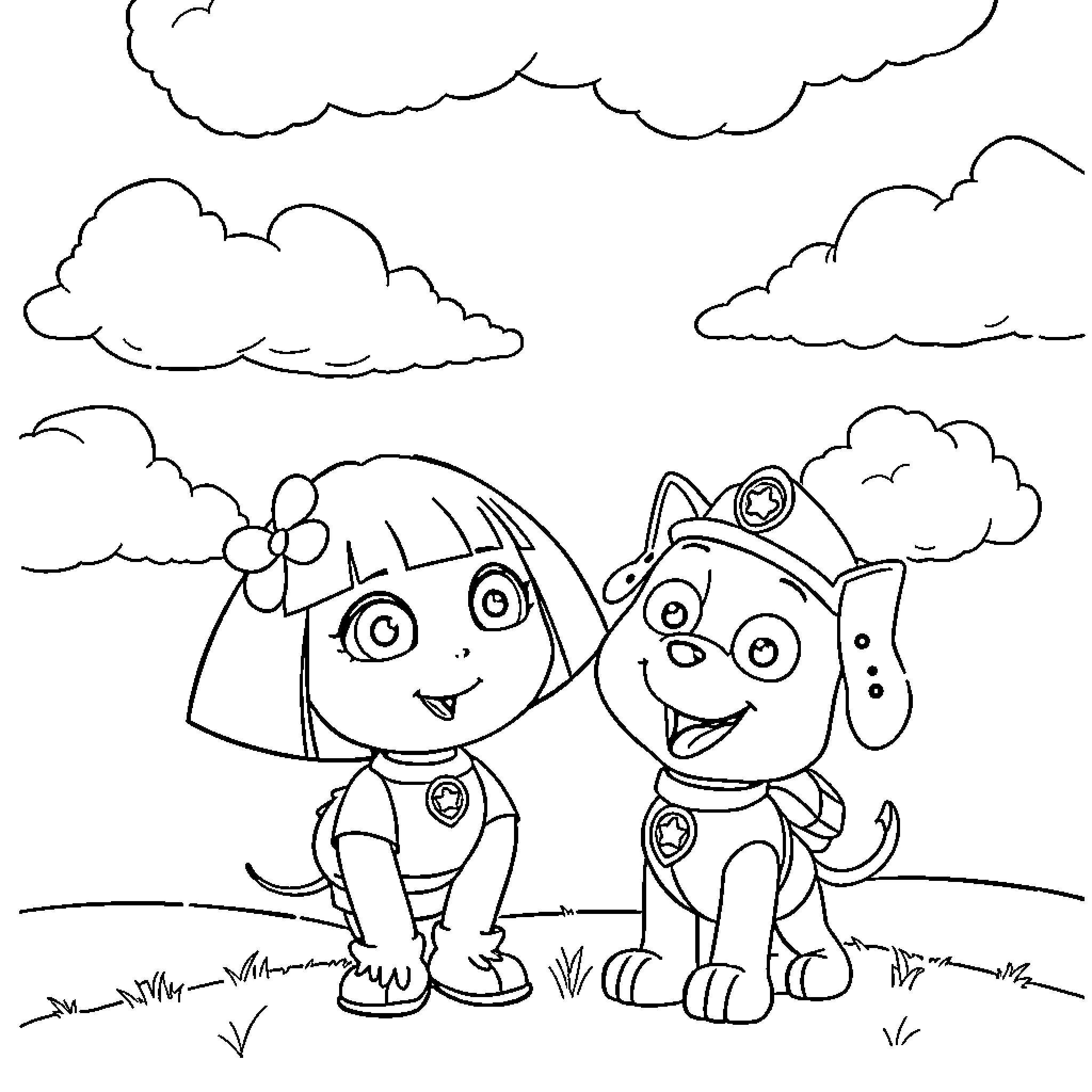 Dora and her dog friend exploring the outdoors Coloring Page (free black-and-white line drawing printable PDF for all, from beginners to advanced learners, including children, teens, adults, and seniors)