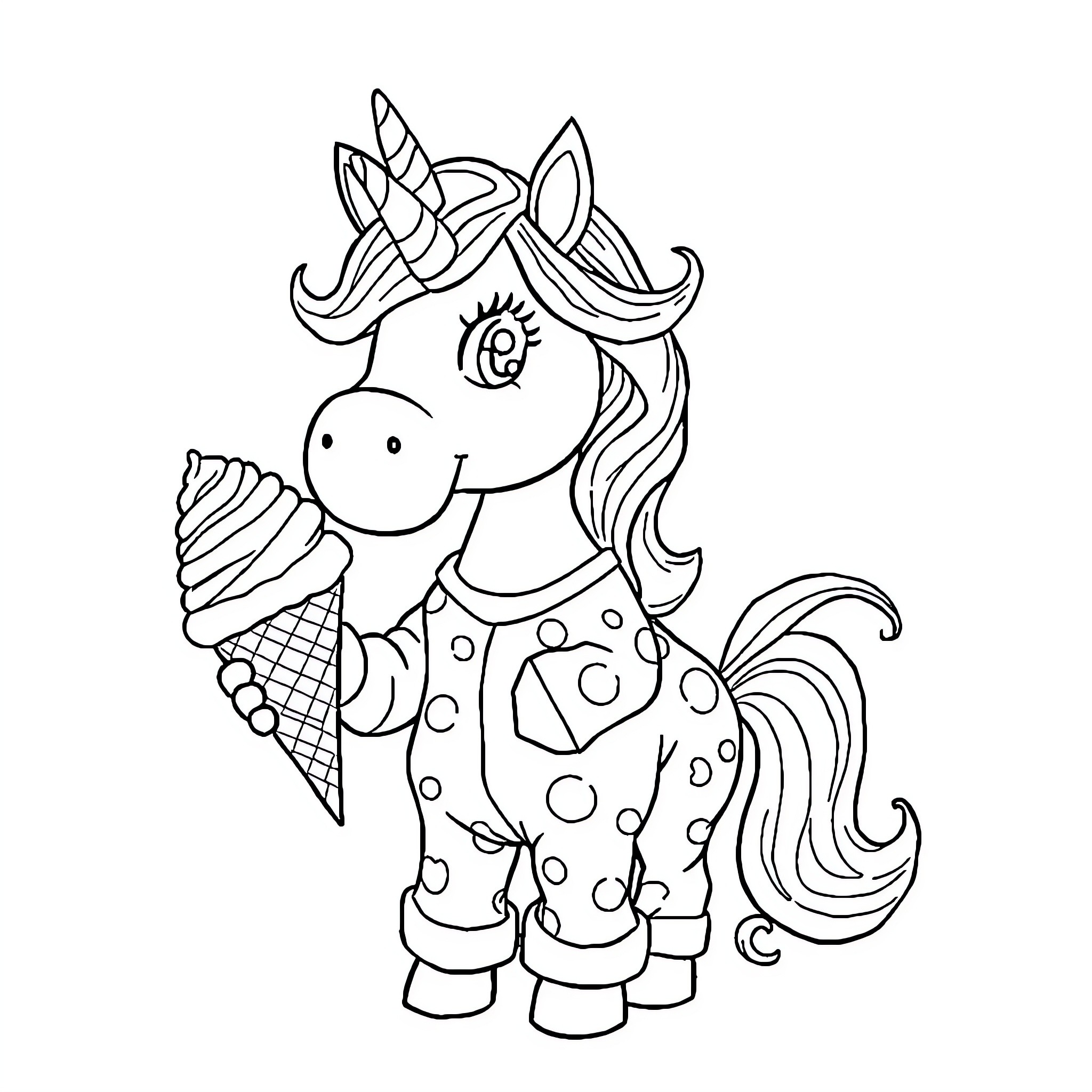 Unicorn enjoying a magical ice cream treat Coloring Page (free black-and-white line drawing printable PDF for all, from beginners to advanced learners, including children, teens, adults, and seniors)