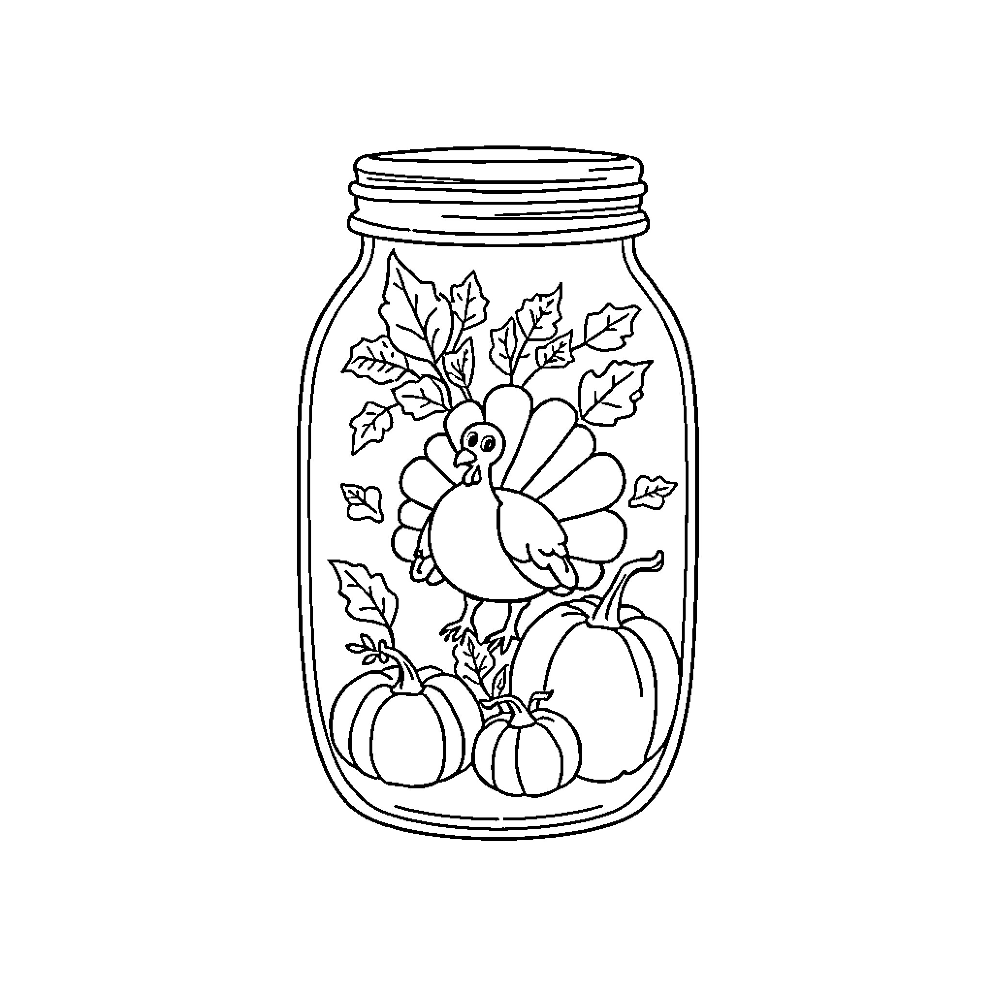 Thanksgiving Jar with Festive Decorations Coloring Page (free black-and-white line drawing printable PDF for all, from beginners to advanced learners, including children, teens, adults, and seniors)