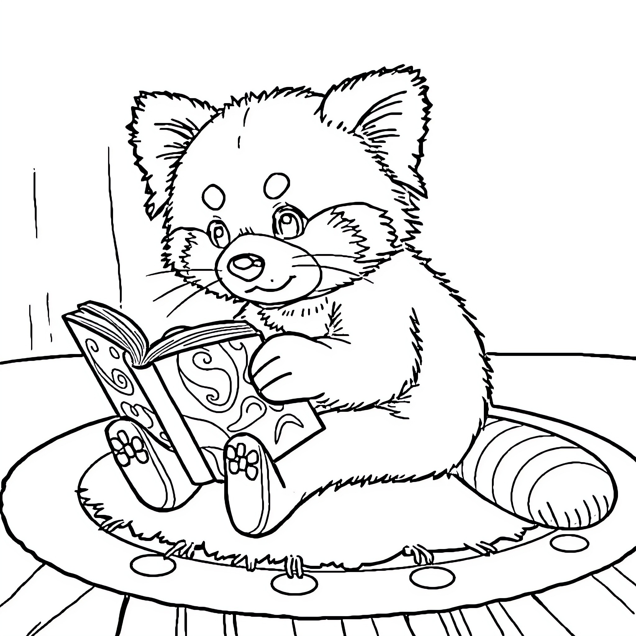 Panda reading a book happily on a couch Coloring Page (free black-and-white line drawing printable PDF for all, from beginners to advanced learners, including children, teens, adults, and seniors)
