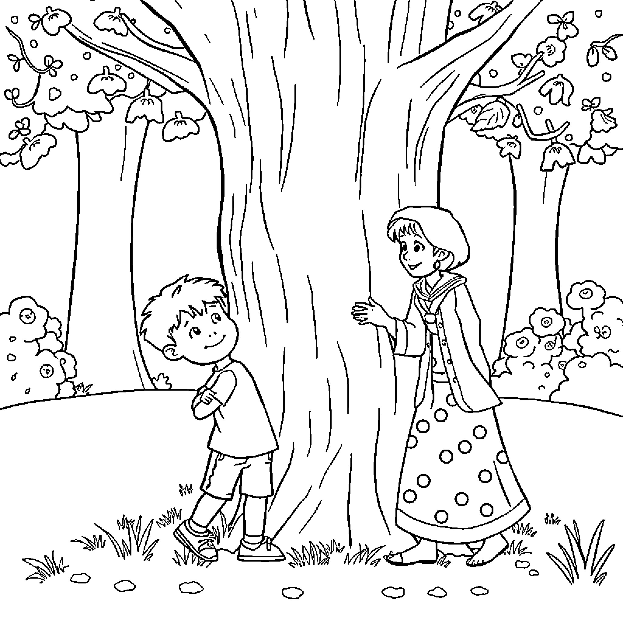 Boy and Girl Exploring the Enchanted Forest Coloring Page (free black-and-white line drawing printable PDF for all, from beginners to advanced learners, including children, teens, adults, and seniors)