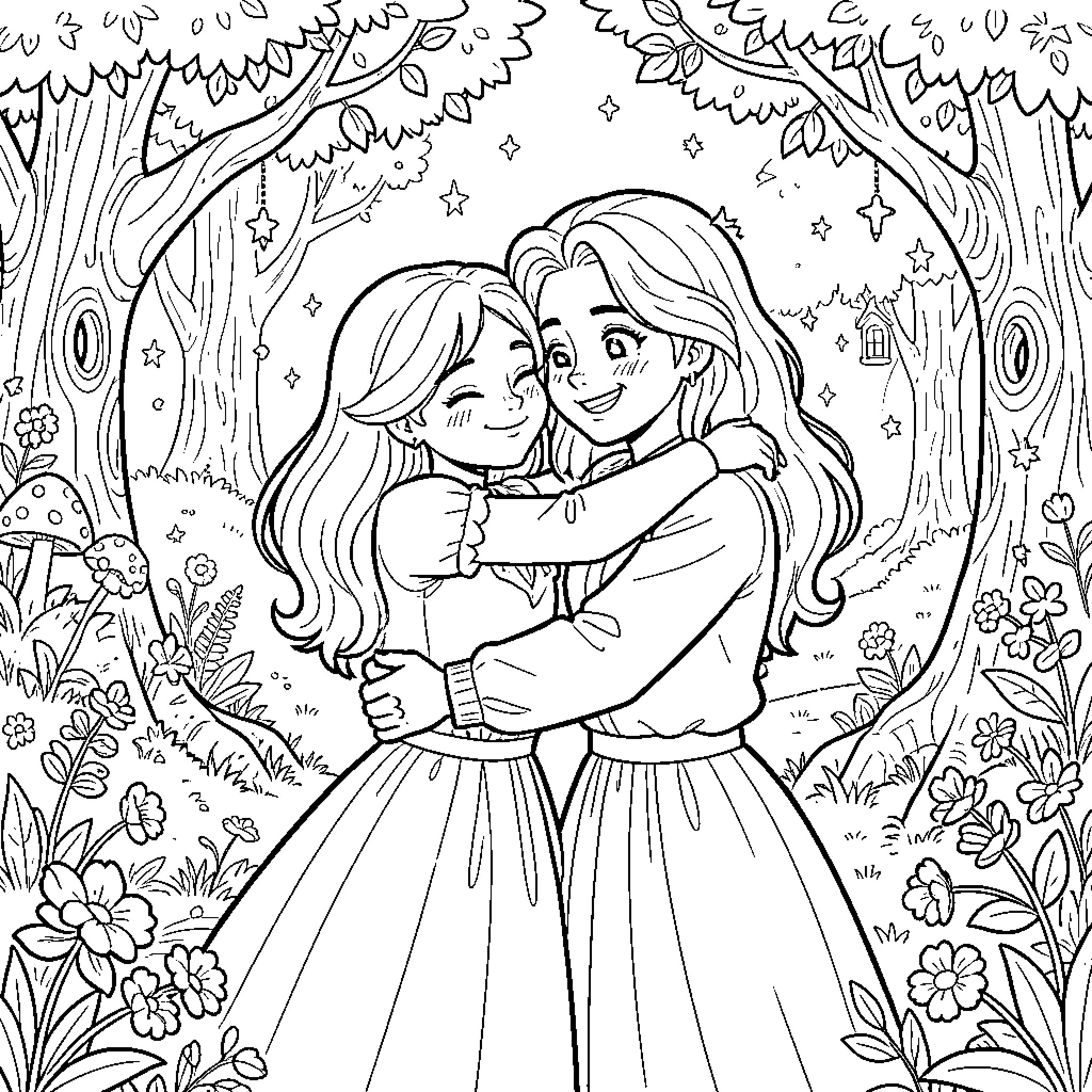 Sacha sharing a warm hug in a magical forest Coloring Page (free black-and-white line drawing printable PDF for all, from beginners to advanced learners, including children, teens, adults, and seniors)