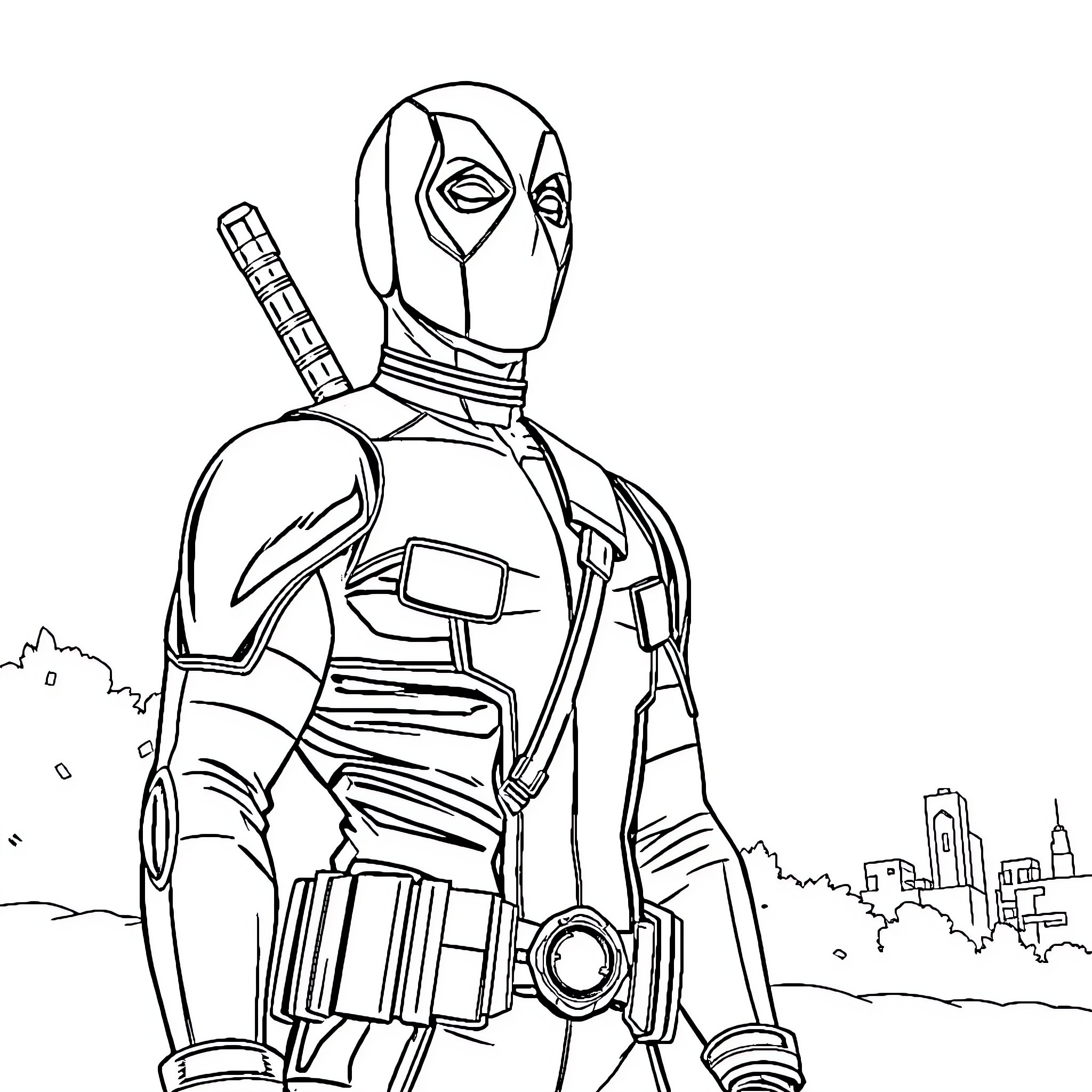 Deadpool in action pose against city skyline Coloring Page (free black-and-white line drawing printable PDF for all, from beginners to advanced learners, including children, teens, adults, and seniors)