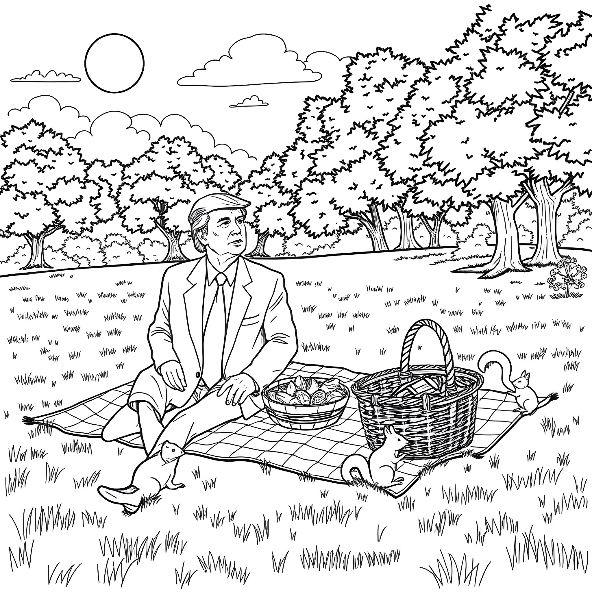 Donald Trump enjoys a relaxing picnic in the park Coloring Page (free black-and-white line drawing printable PDF for all, from beginners to advanced learners, including children, teens, adults, and seniors)