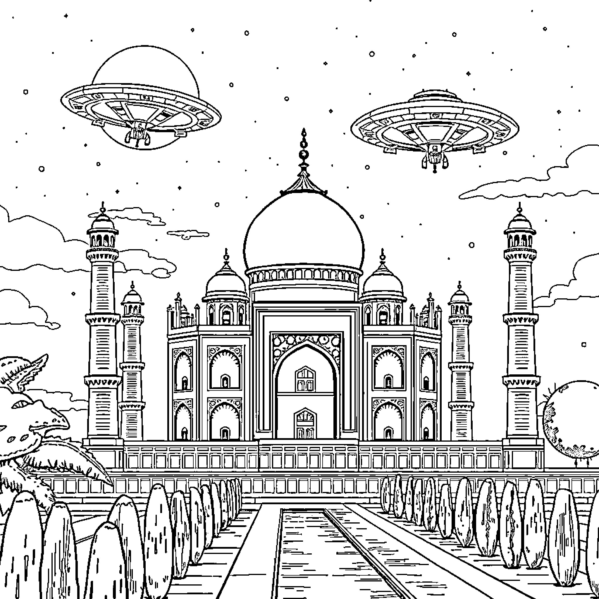 Taj Mahal in the presence of mysterious flying objects Coloring Page (free black-and-white line drawing printable PDF for all, from beginners to advanced learners, including children, teens, adults, and seniors)