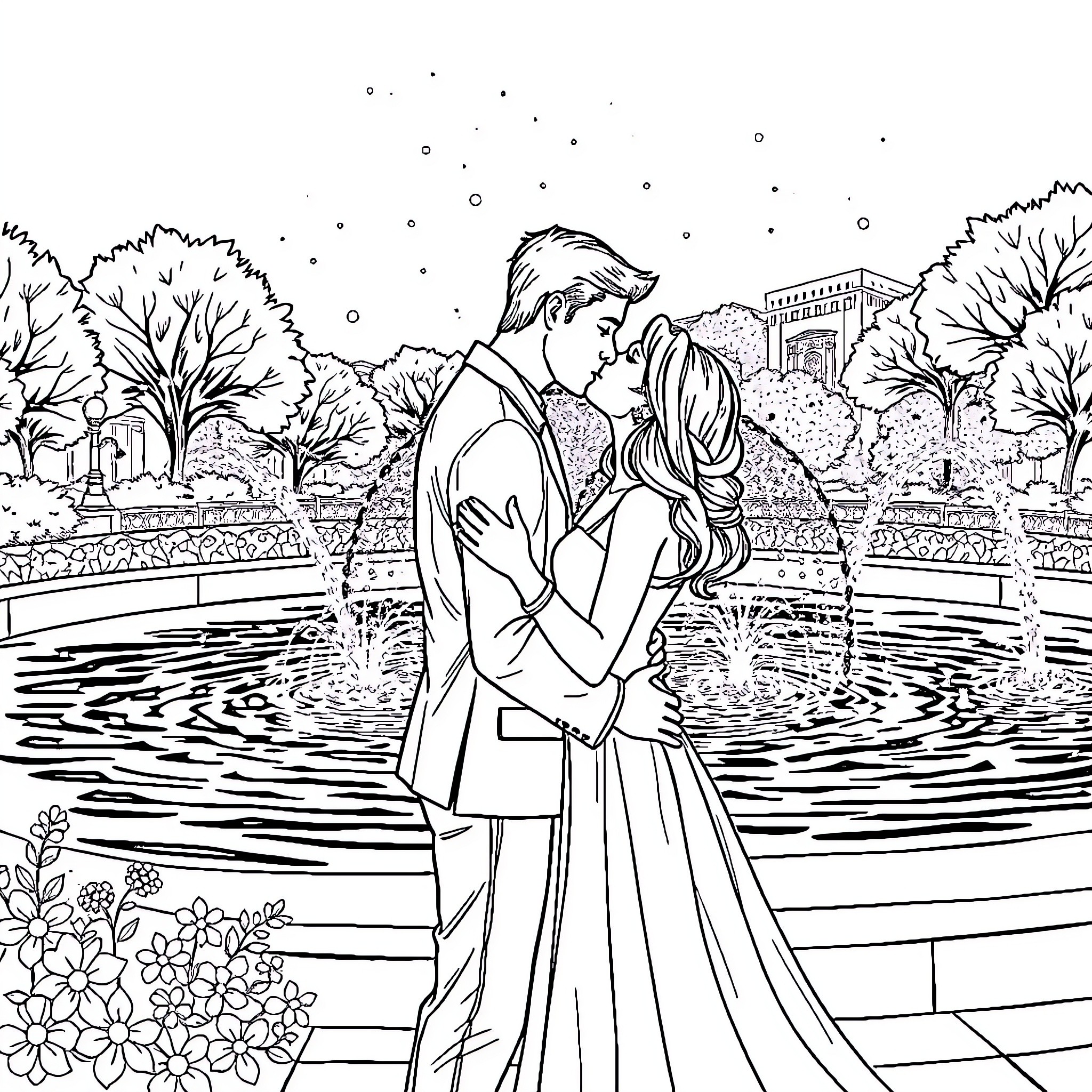 Couple enjoying a romantic moment in a serene garden Coloring Page (free black-and-white line drawing printable PDF for all, from beginners to advanced learners, including children, teens, adults, and seniors)