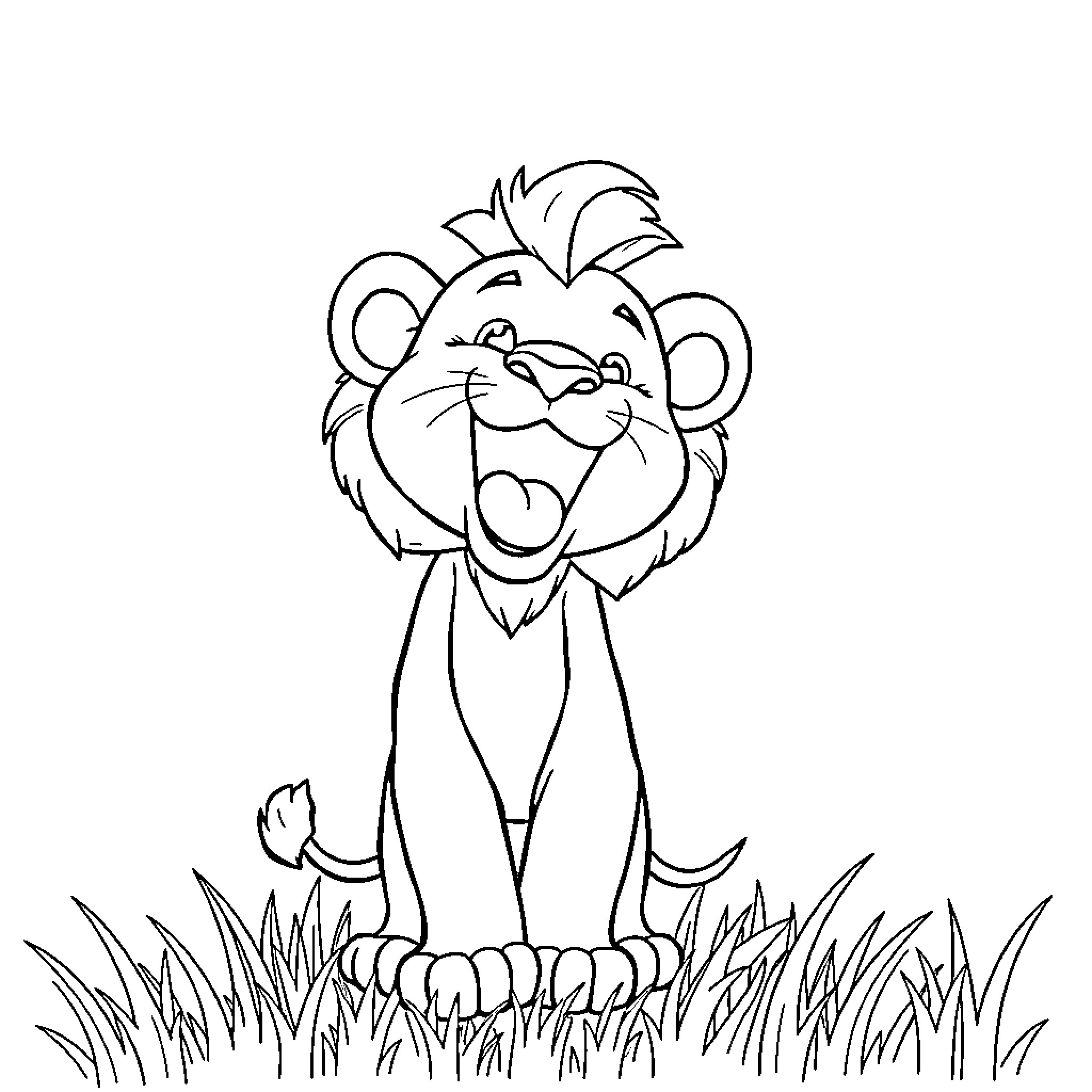 Lion in Grassy Field with Playful Expression Coloring Page (free black-and-white line drawing printable PDF for all, from beginners to advanced learners, including children, teens, adults, and seniors)