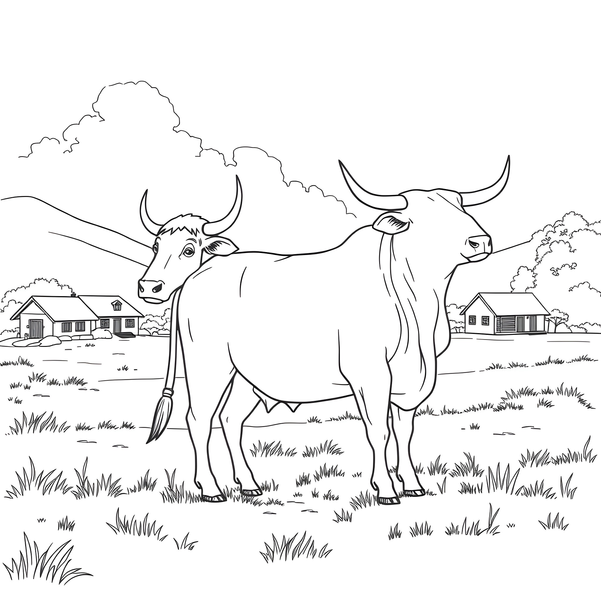 Ox standing in a rural landscape Coloring Page (free black-and-white line drawing printable PDF for all, from beginners to advanced learners, including children, teens, adults, and seniors)