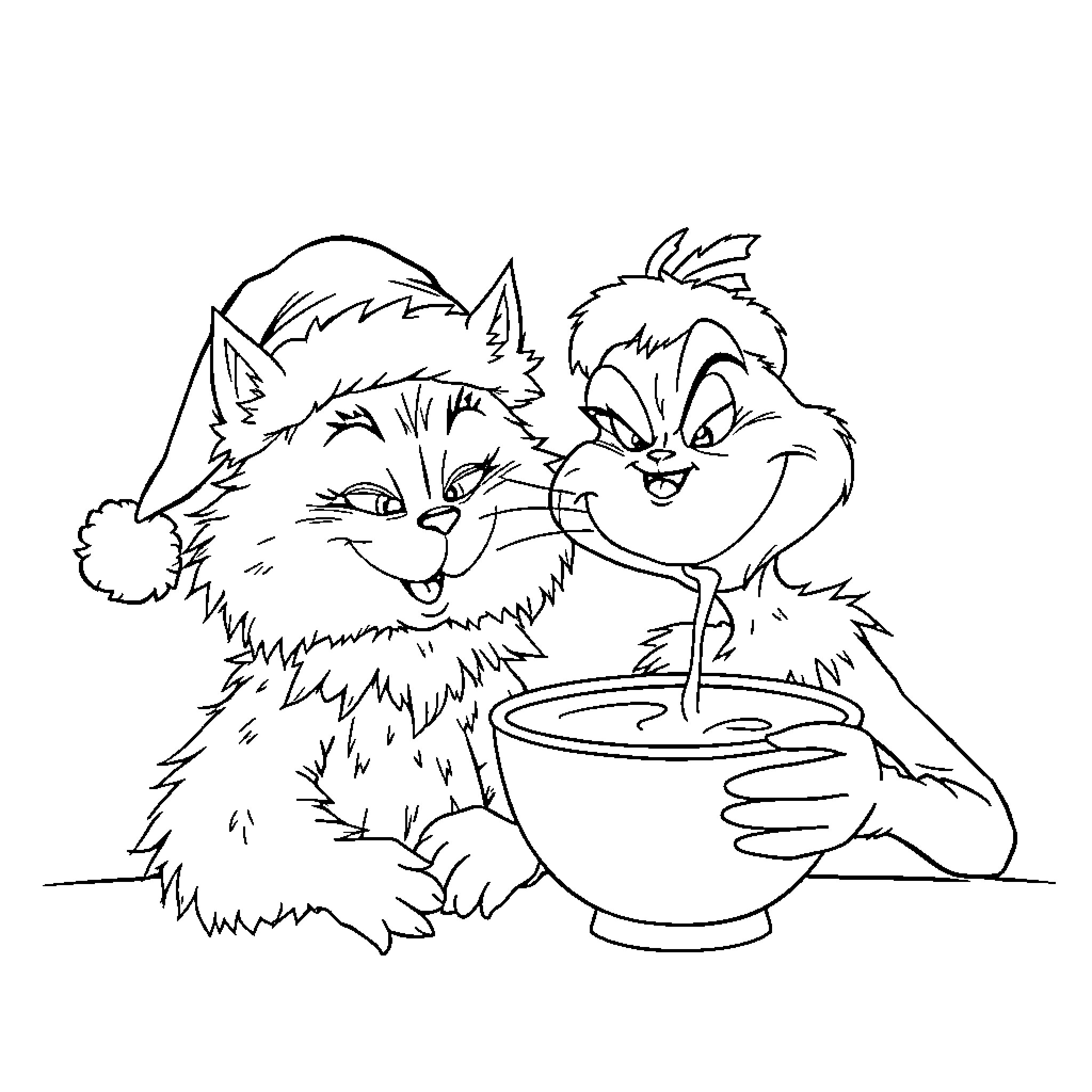 Cat Friends Enjoying Warm Beverage Coloring Page (free black-and-white line drawing printable PDF for all, from beginners to advanced learners, including children, teens, adults, and seniors)