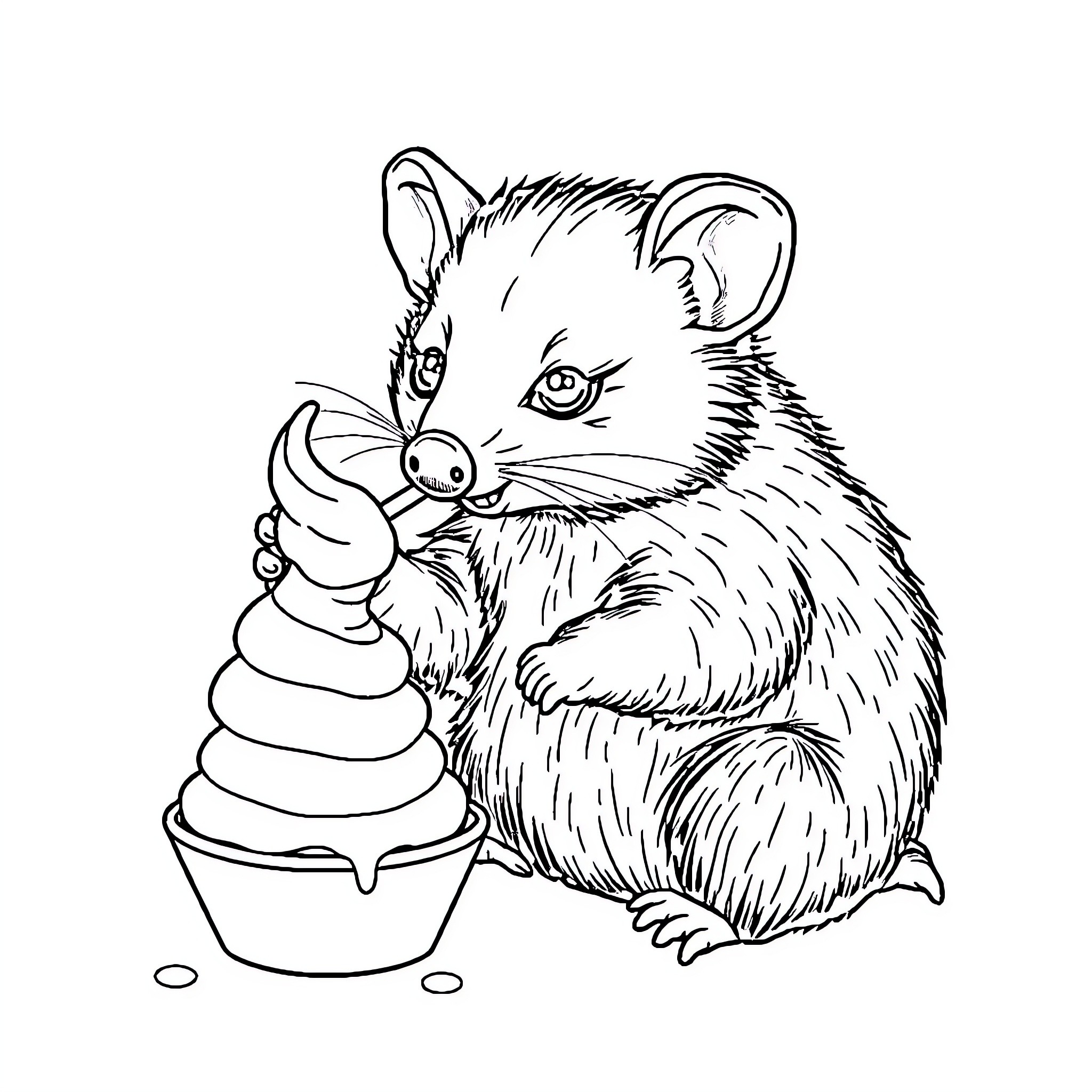 Opossum enjoying a tasty ice cream treat Coloring Page (free black-and-white line drawing printable PDF for all, from beginners to advanced learners, including children, teens, adults, and seniors)