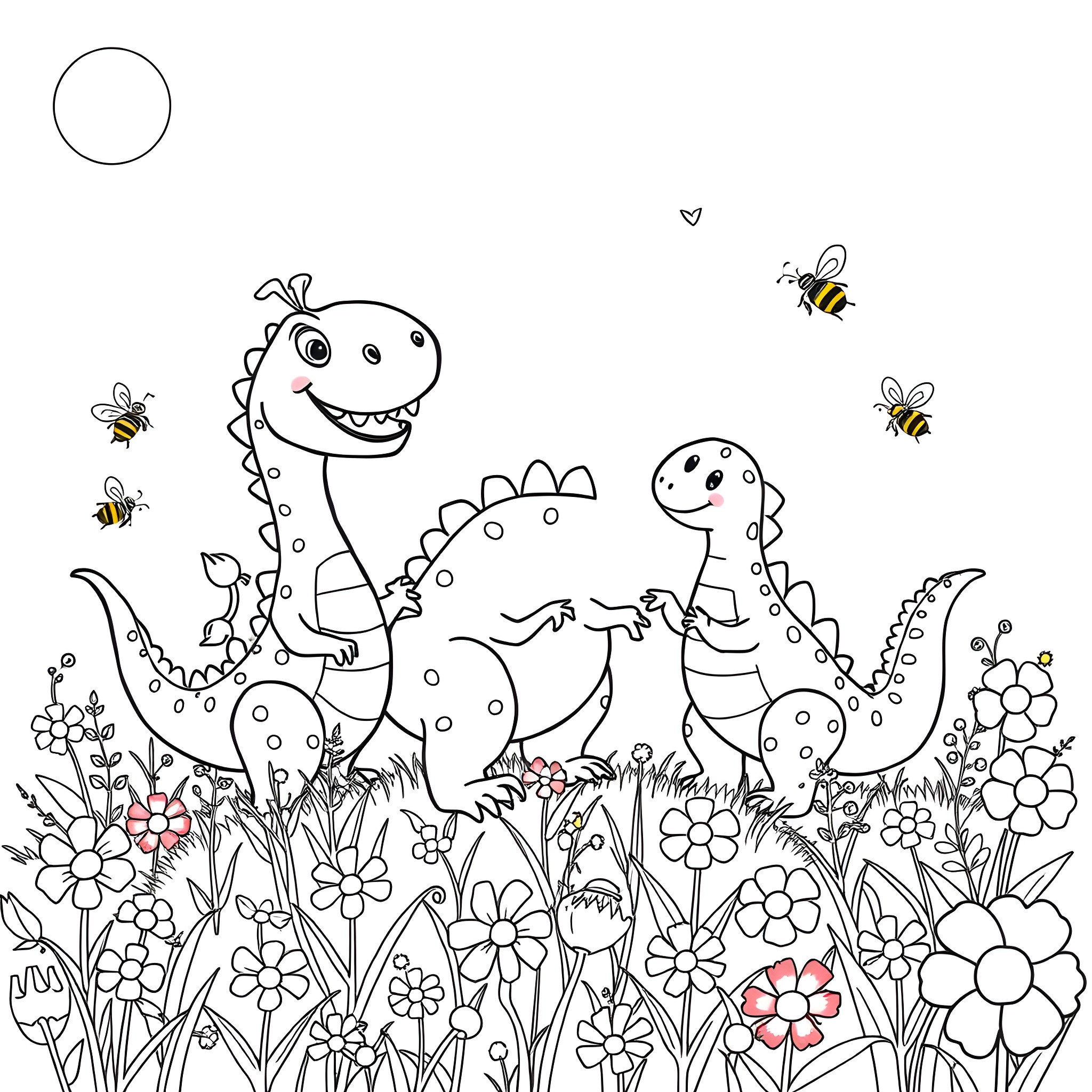 Barny's Playful Adventure with Buzzing Bees Coloring Page (free black-and-white line drawing printable PDF for all, from beginners to advanced learners, including children, teens, adults, and seniors)