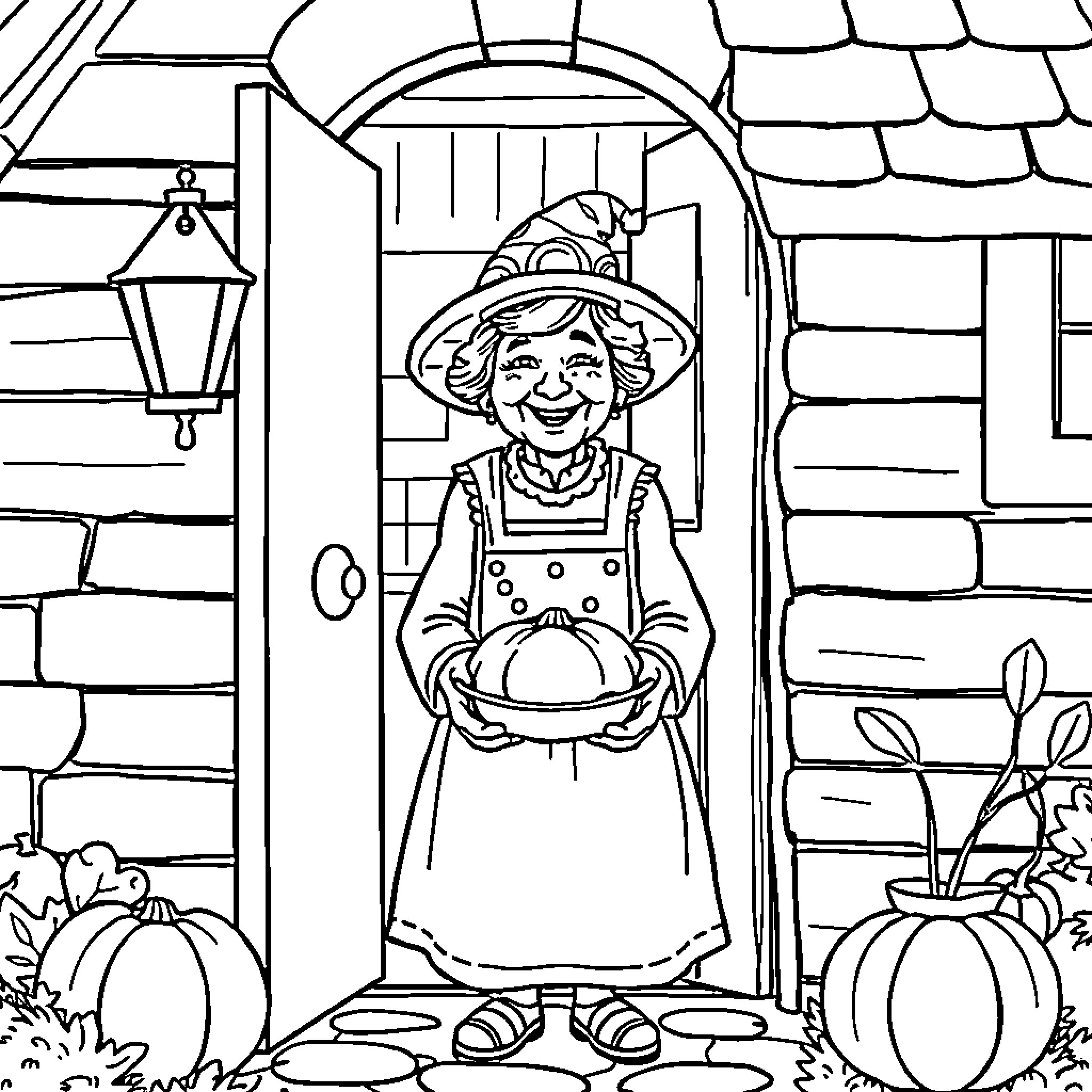 Lady Welcoming Guests at Her Country Cottage Coloring Page (free black-and-white line drawing printable PDF for all, from beginners to advanced learners, including children, teens, adults, and seniors)